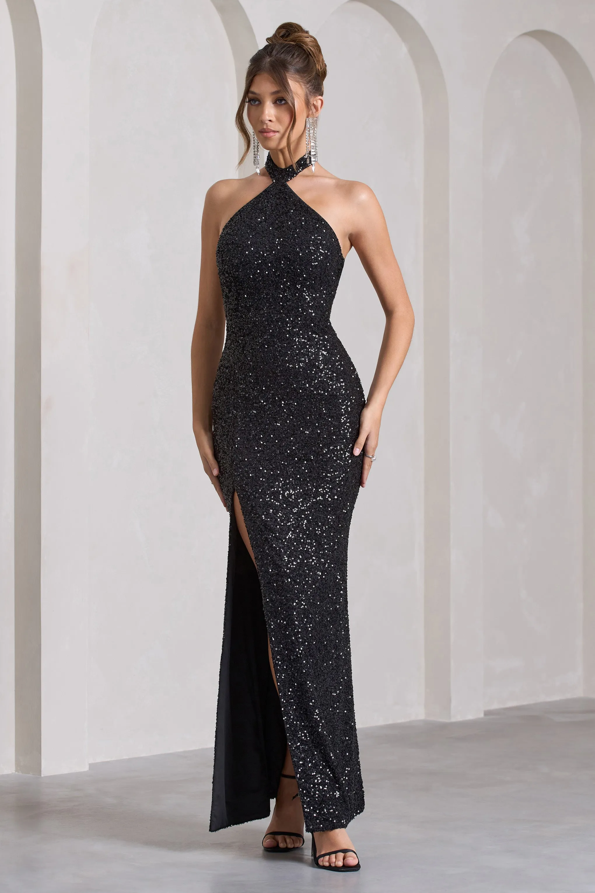 On The Rise | Black Sequin High-Neck Strappy-Back Split Maxi Dress sold by Club L London product image thumbnail 4