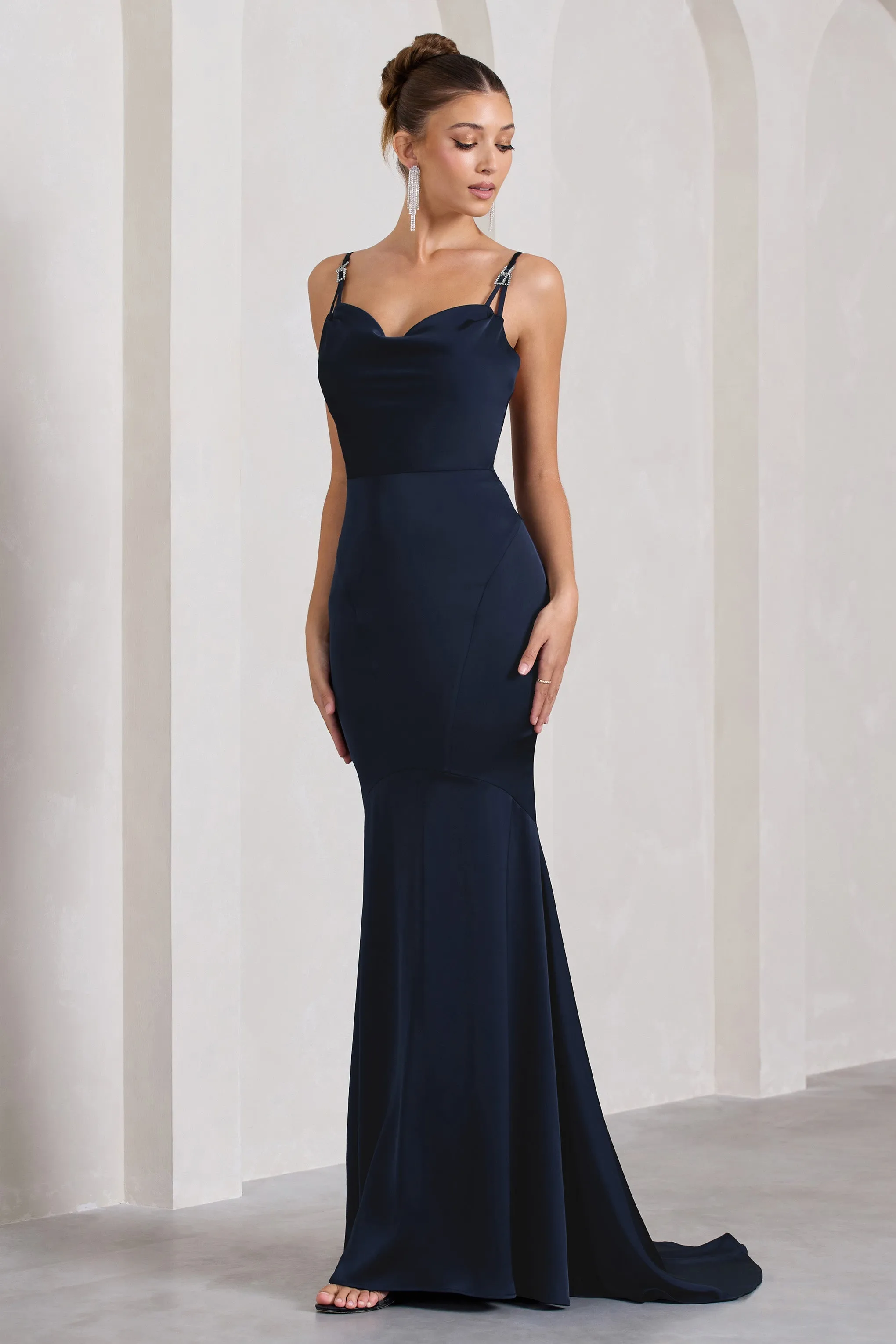 Made With Love | Navy Satin Strappy Fishtail Maxi Dress sold by Club L London product image thumbnail 2