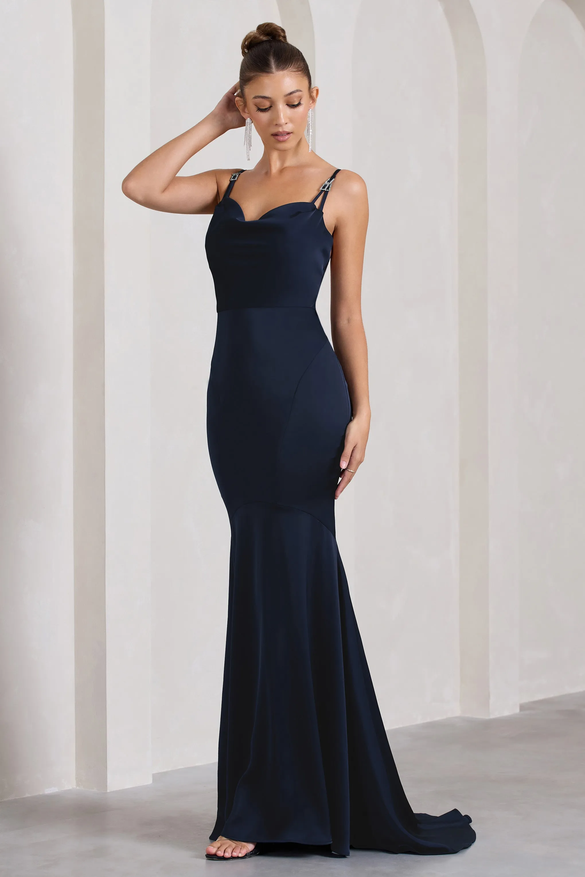 Made With Love | Navy Satin Strappy Fishtail Maxi Dress sold by Club L London product image thumbnail 5