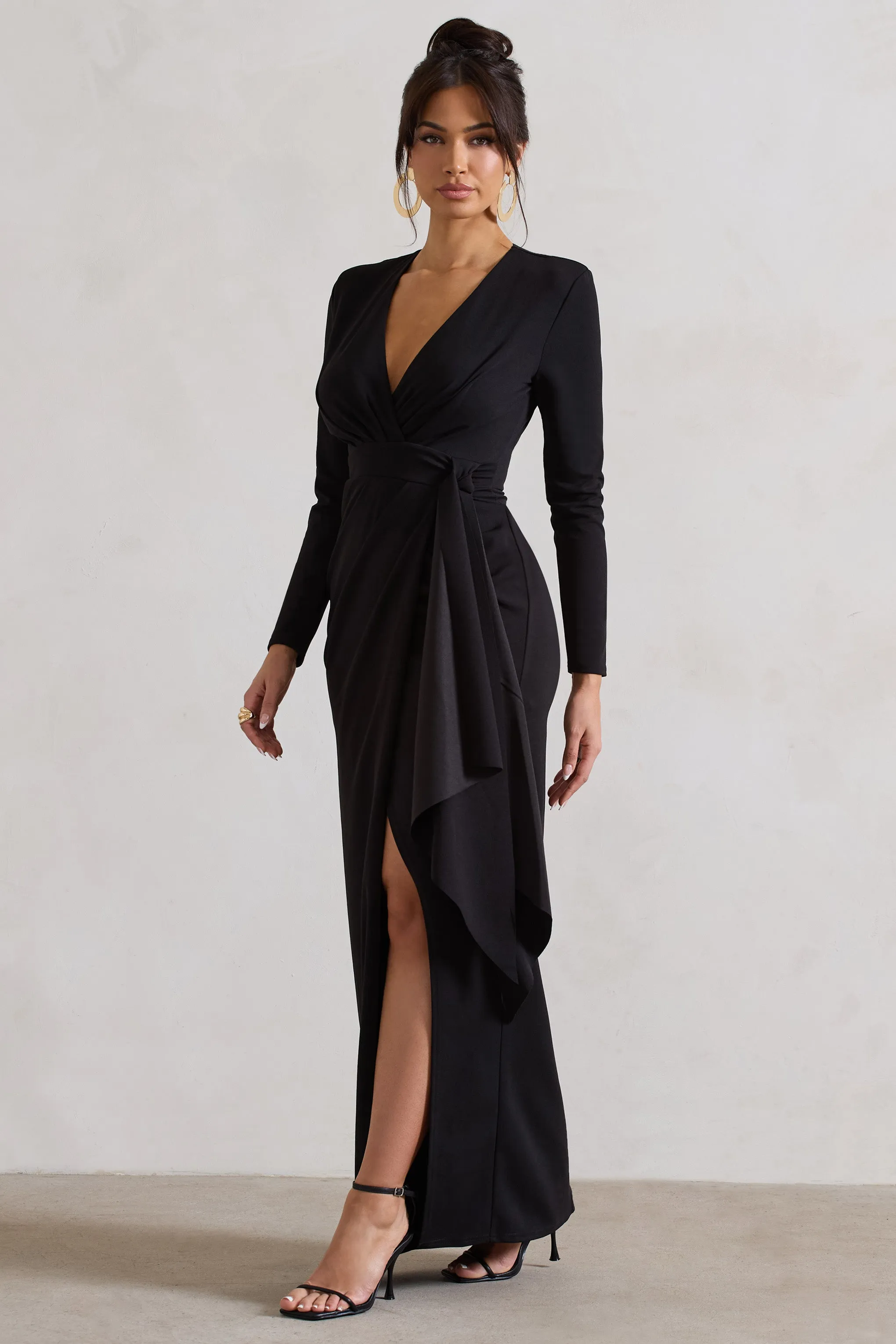 Odetta | Black Plunge-Neck Wrap Maxi Dress With Tie Waist sold by Club L London product image thumbnail 5