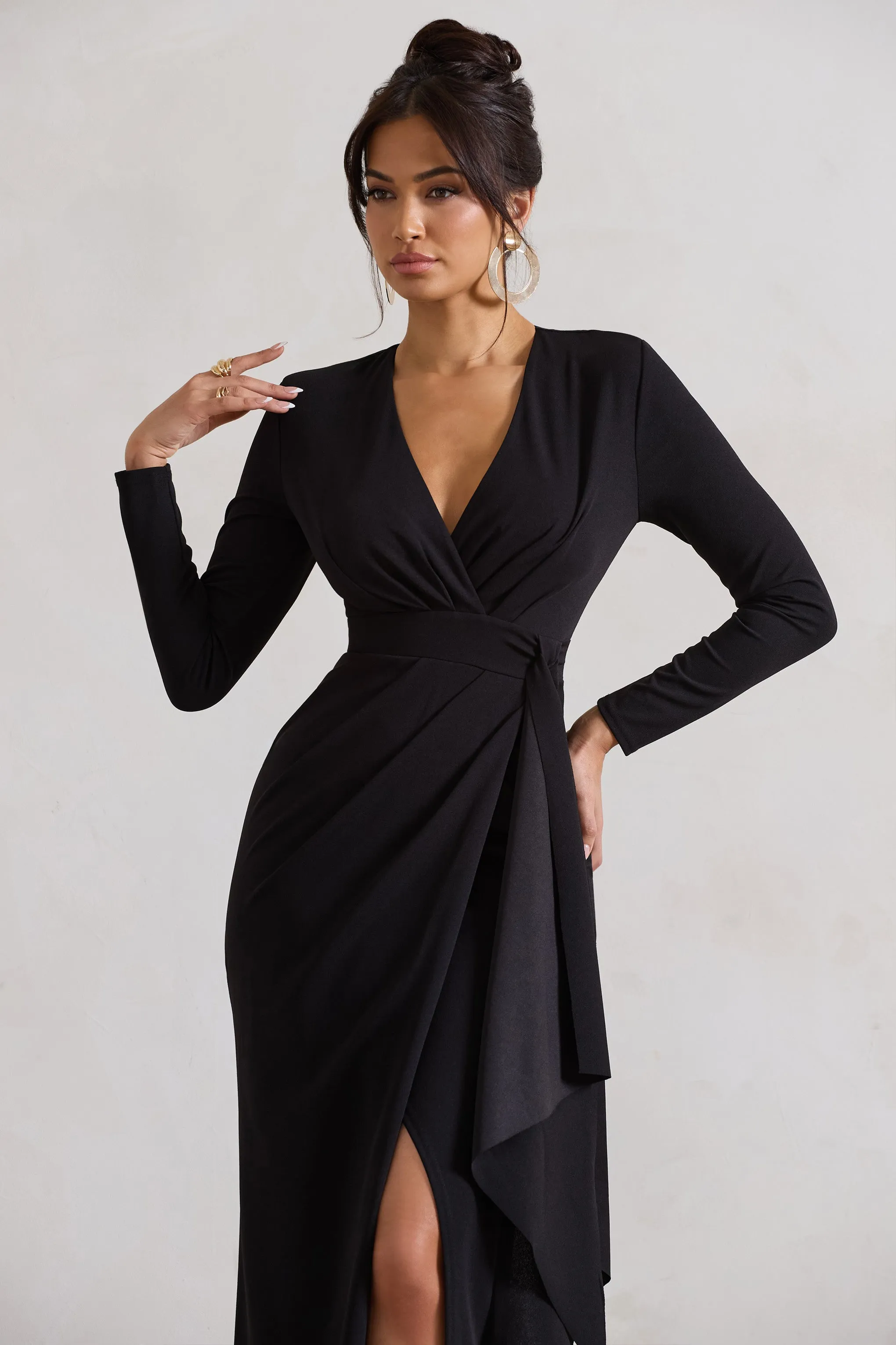 Odetta | Black Plunge-Neck Wrap Maxi Dress With Tie Waist sold by Club L London product image thumbnail 3