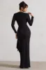 Odetta | Black Plunge-Neck Wrap Maxi Dress With Tie Waist sold by Club L London