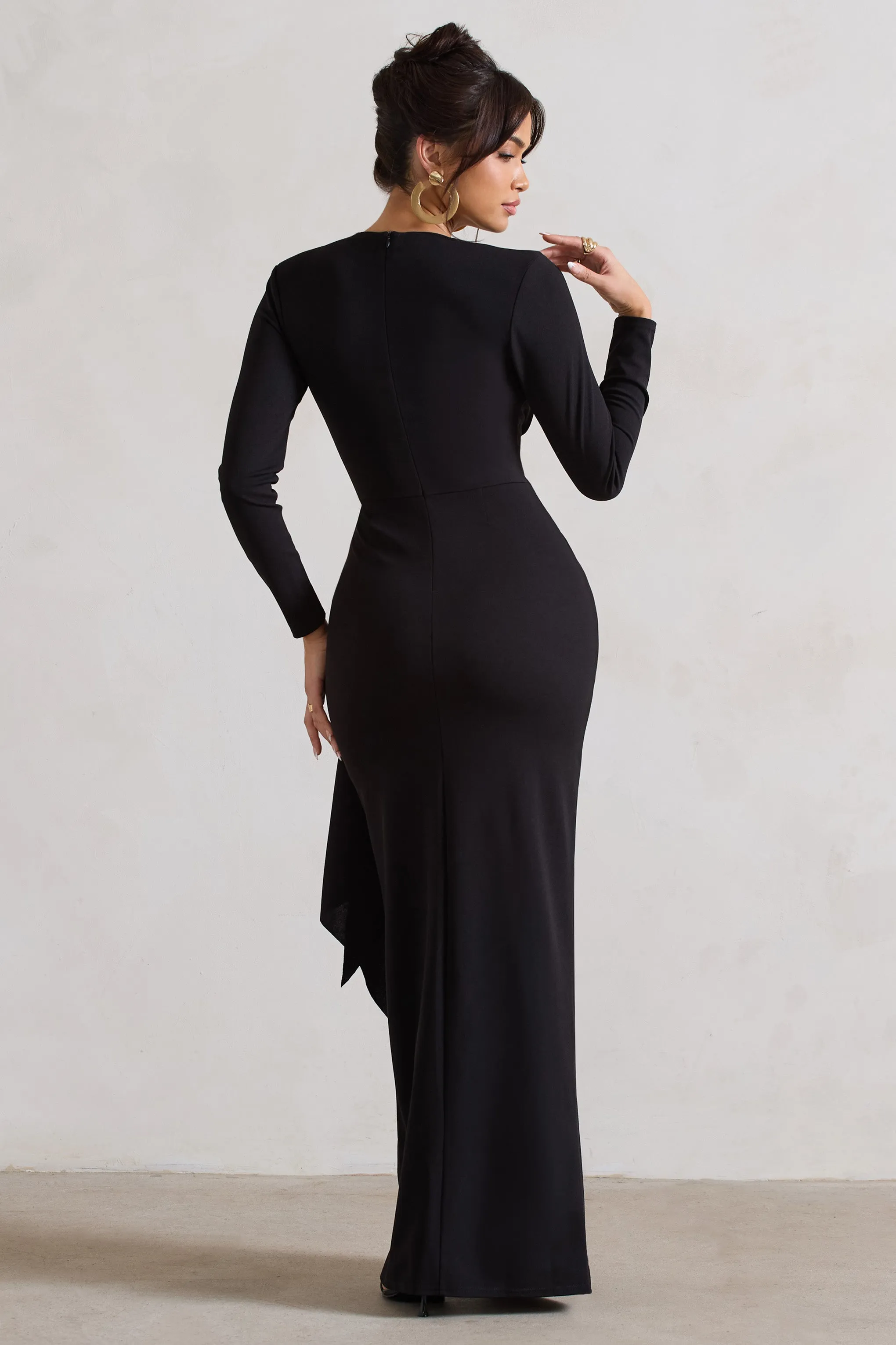 Odetta | Black Plunge-Neck Wrap Maxi Dress With Tie Waist sold by Club L London product image thumbnail 2