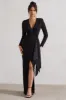Odetta | Black Plunge-Neck Wrap Maxi Dress With Tie Waist sold by Club L London