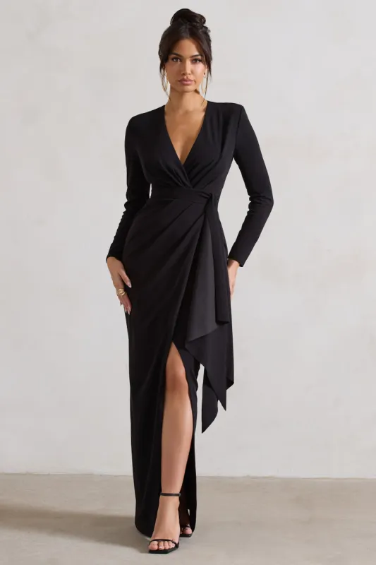 Odetta | Black Plunge-Neck Wrap Maxi Dress With Tie Waist sold by Club L London