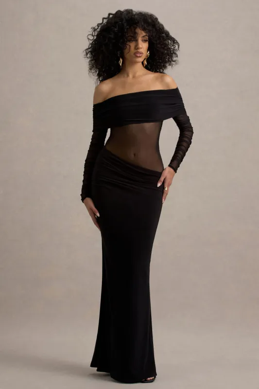 Belamour | Black Semi-Sheer Bardot Gathered Maxi Dress sold by Club L London
