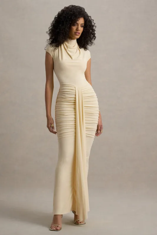 Lorenza | Lemon High-Neck Ruched Maxi Dress With Draped Skirt sold by Club L London
