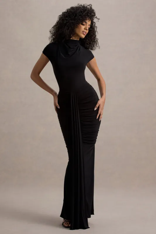 Lorenza | Black High-Neck Ruched Maxi Dress With Draped Skirt sold by Club L London