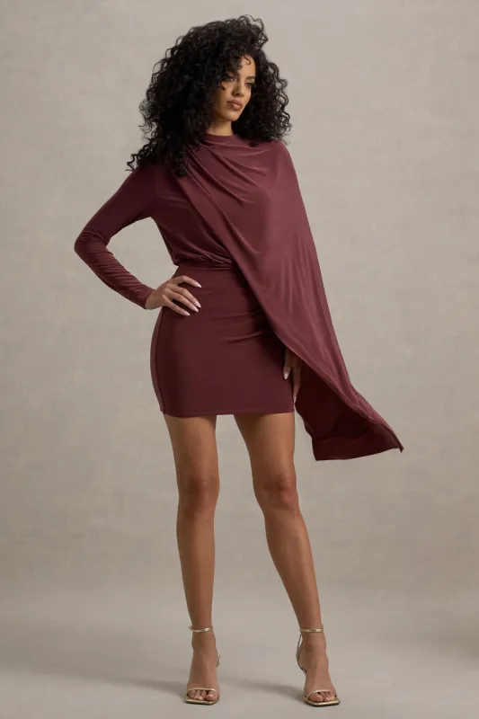 Celeste | Burgundy Long-Sleeve Mini Dress With Cape Sleeve sold by Club L London