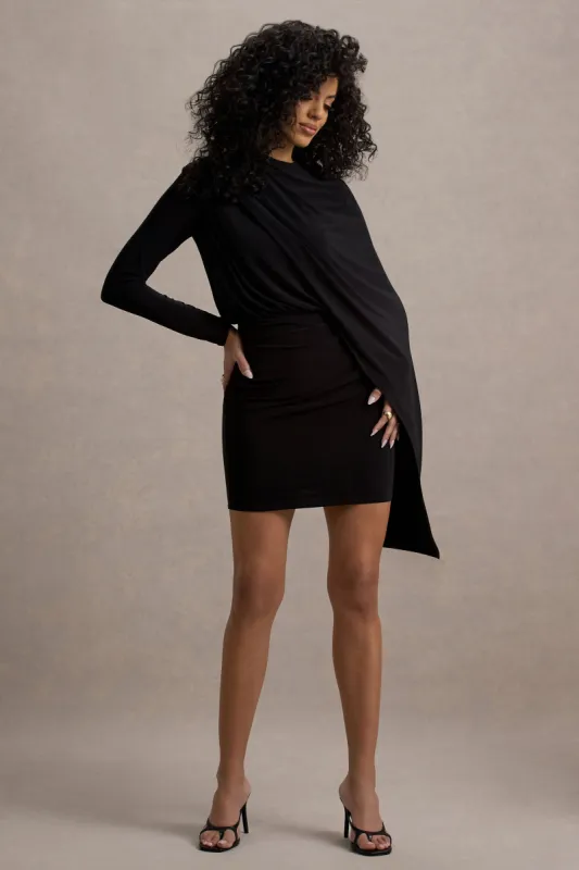 Celeste | Black Long-Sleeve Mini Dress With Cape Sleeve sold by Club L London