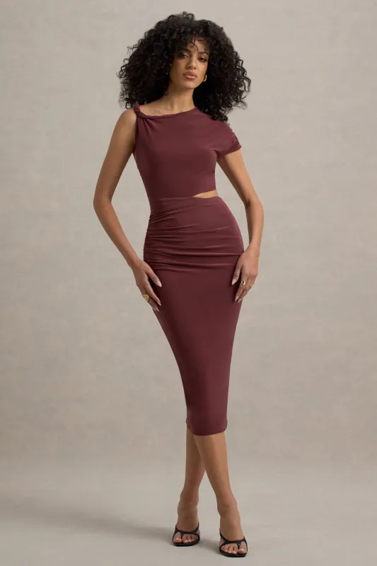 Calliope | Burgundy Cut-Out Gathered Midi Dress sold by Club L London