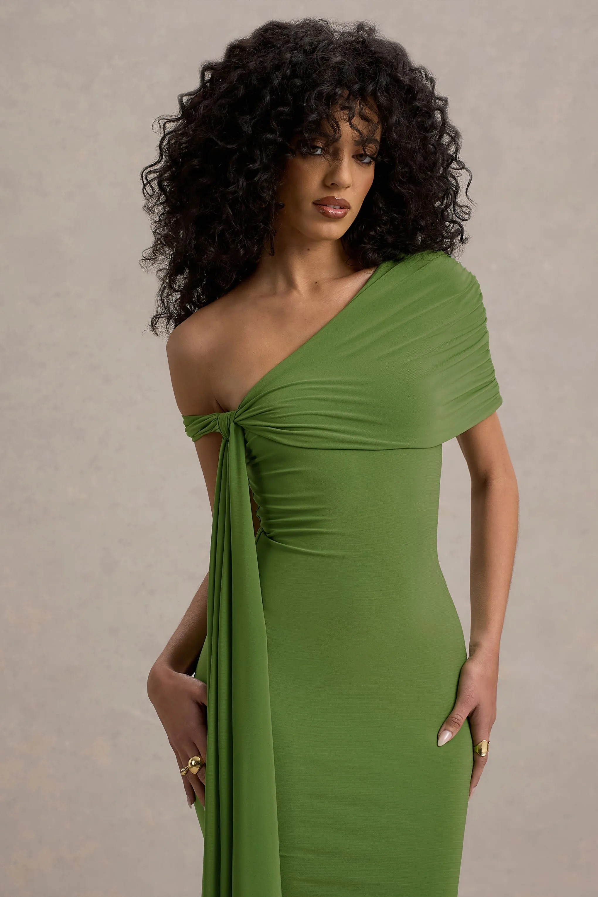 Vallea | Green One-Shoulder Draped Midi Dress sold by Club L London product image thumbnail 3