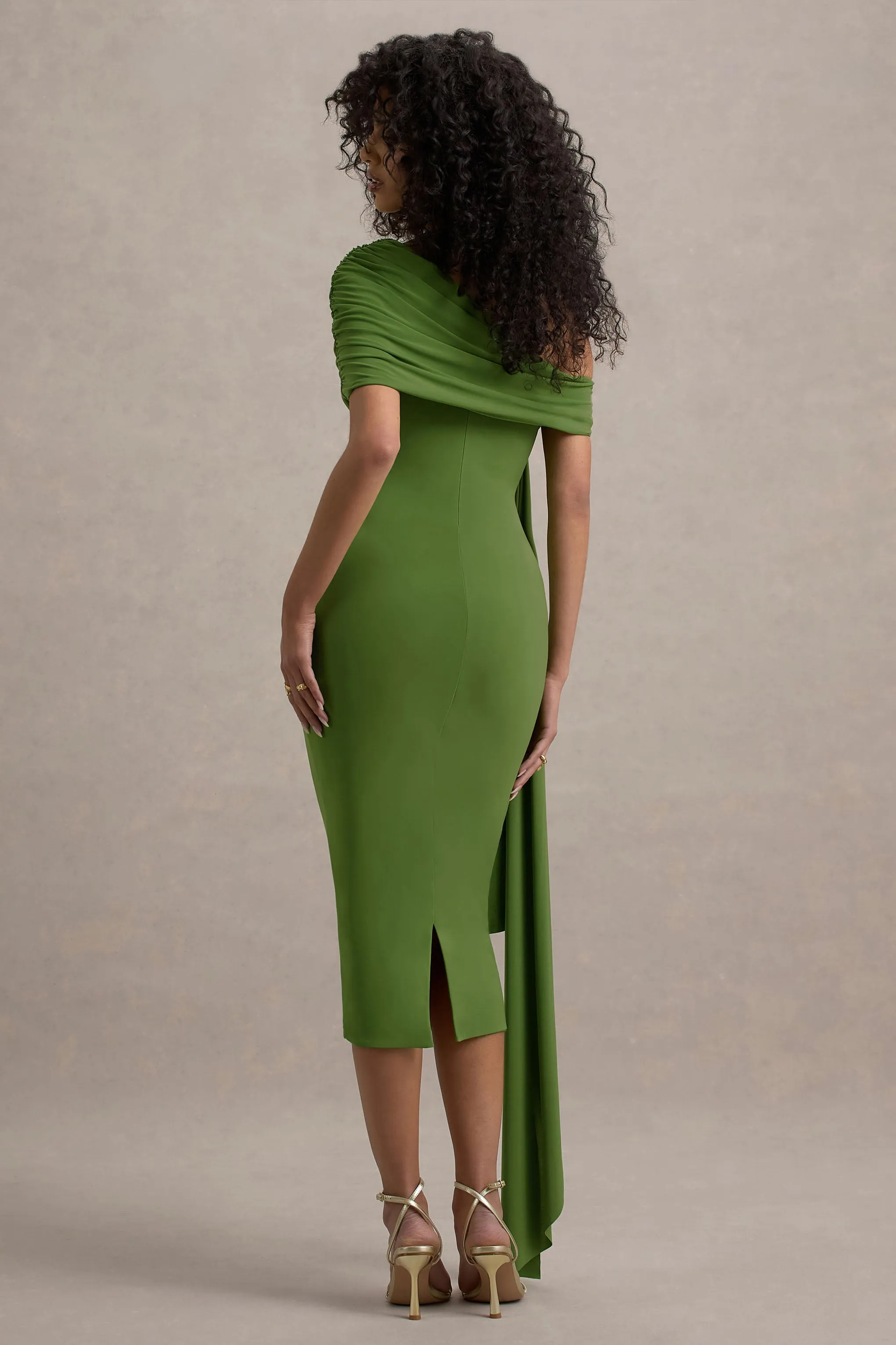 Vallea | Green One-Shoulder Draped Midi Dress sold by Club L London product image thumbnail 2