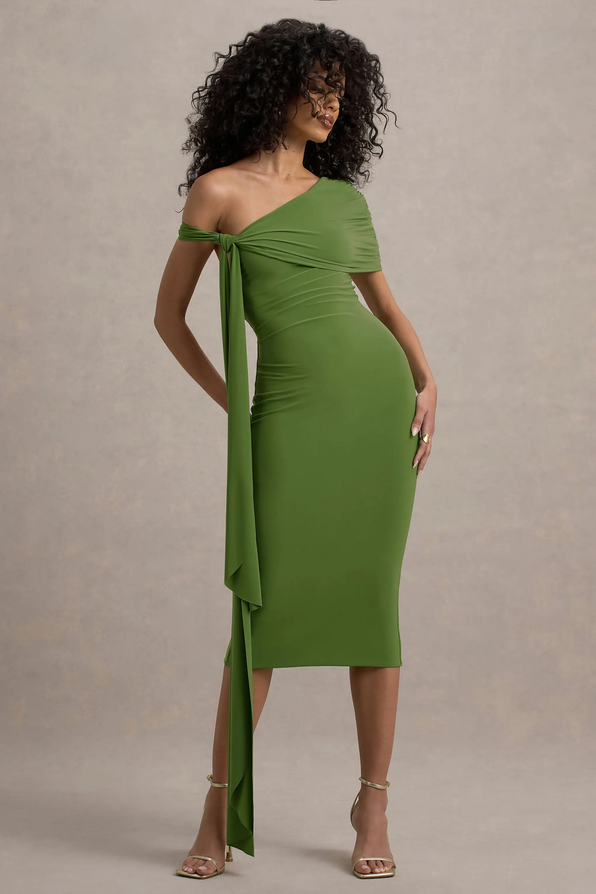 Vallea | Green One-Shoulder Draped Midi Dress sold by Club L London product image thumbnail 5