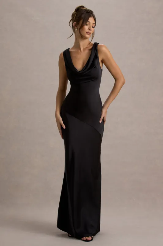 Alesso | Black Satin Cowl-Neck Maxi Dress sold by Club L London