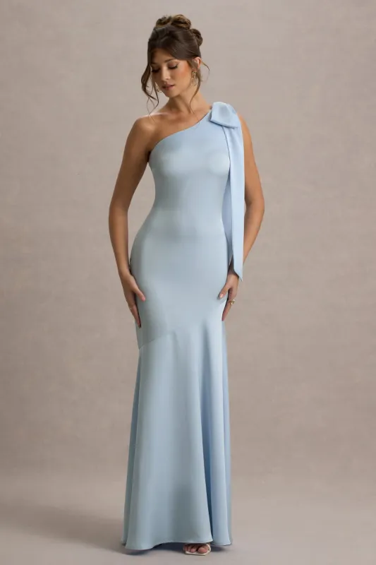 Here For Love | Powder Blue Satin Asymmetric Maxi Dress With Bow sold by Club L London