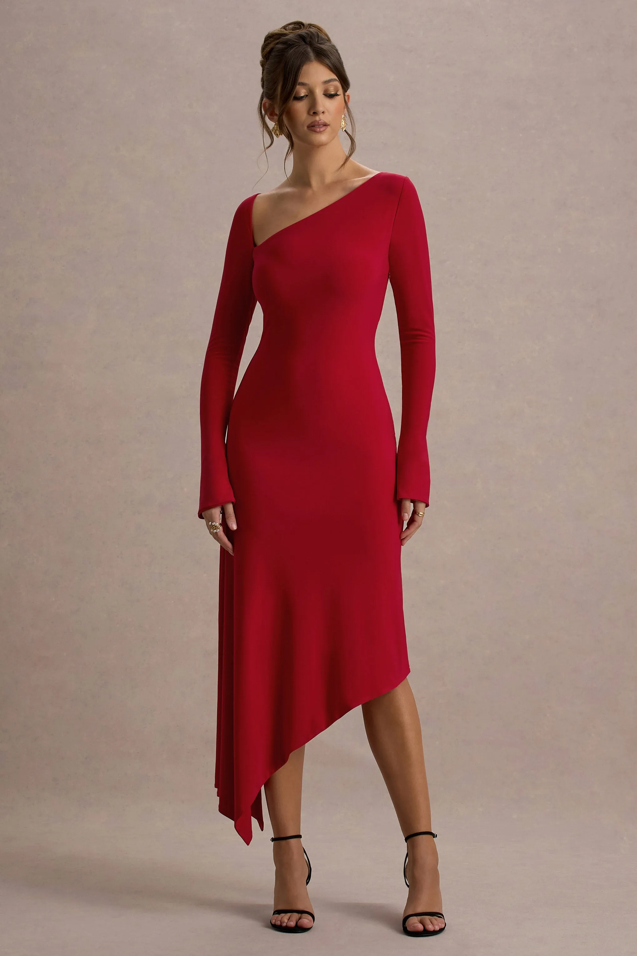 Serenita | Red Asymmetric Long-Sleeve Midi Dress sold by Club L London product image thumbnail 4