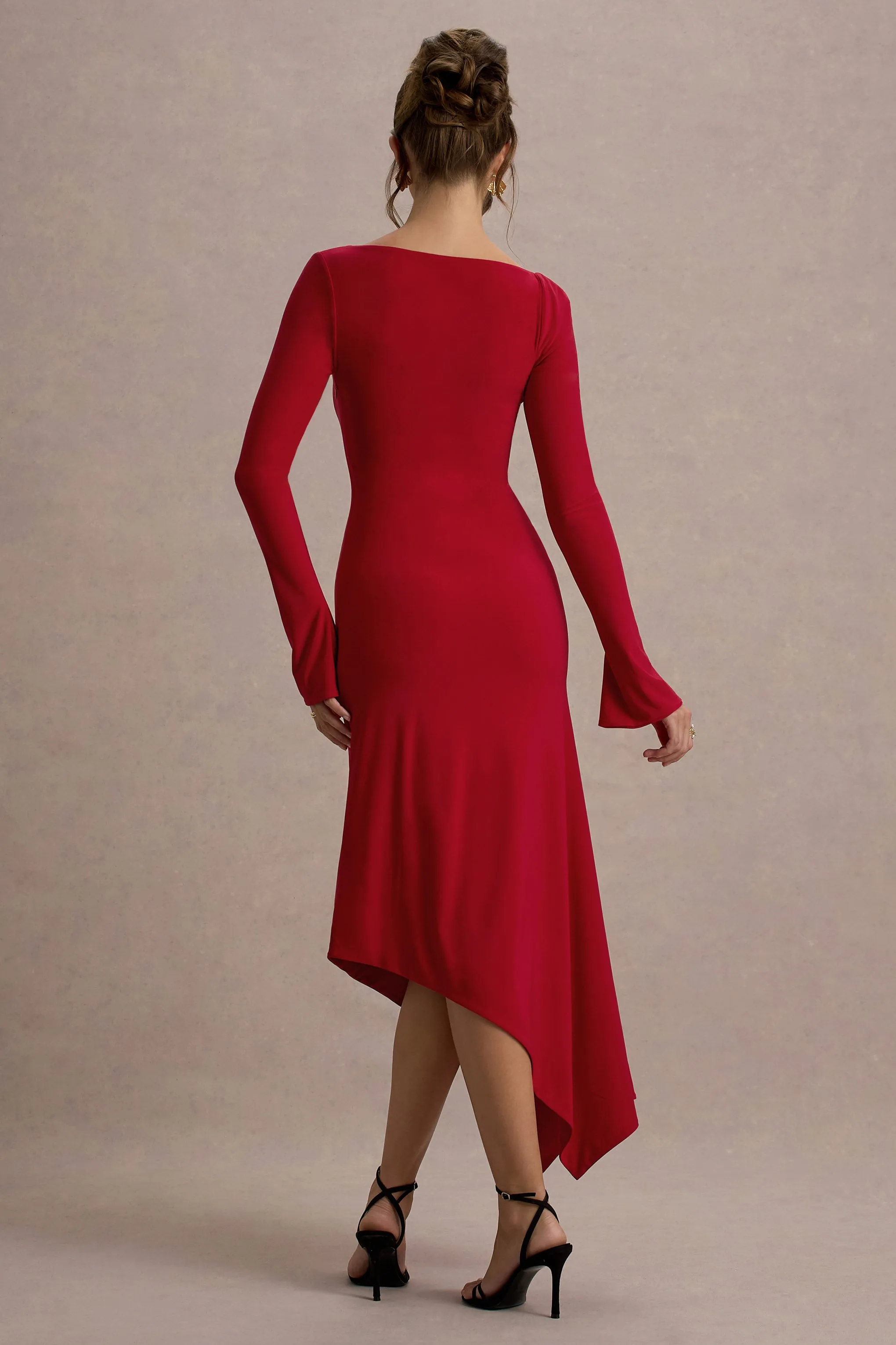 Serenita | Red Asymmetric Long-Sleeve Midi Dress sold by Club L London product image thumbnail 2