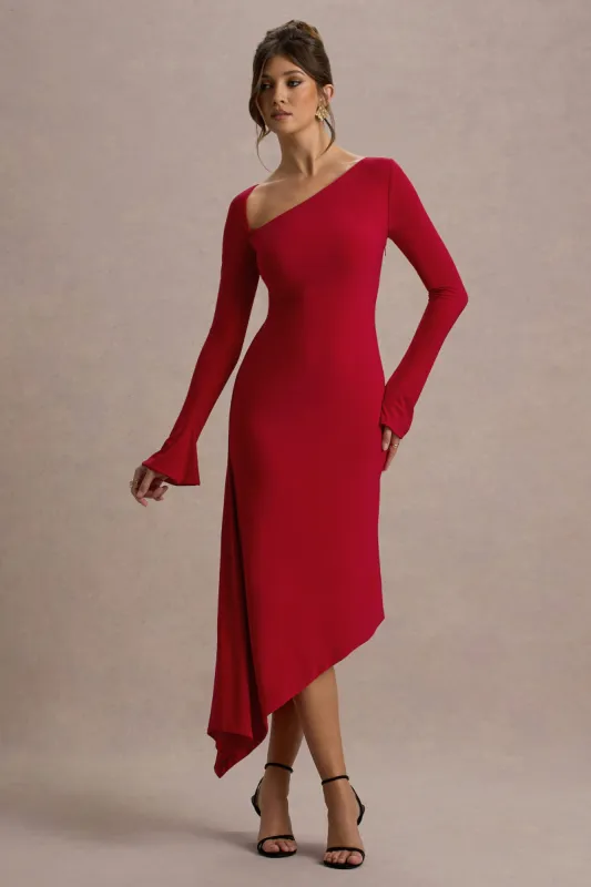 Serenita | Red Asymmetric Long-Sleeve Midi Dress sold by Club L London