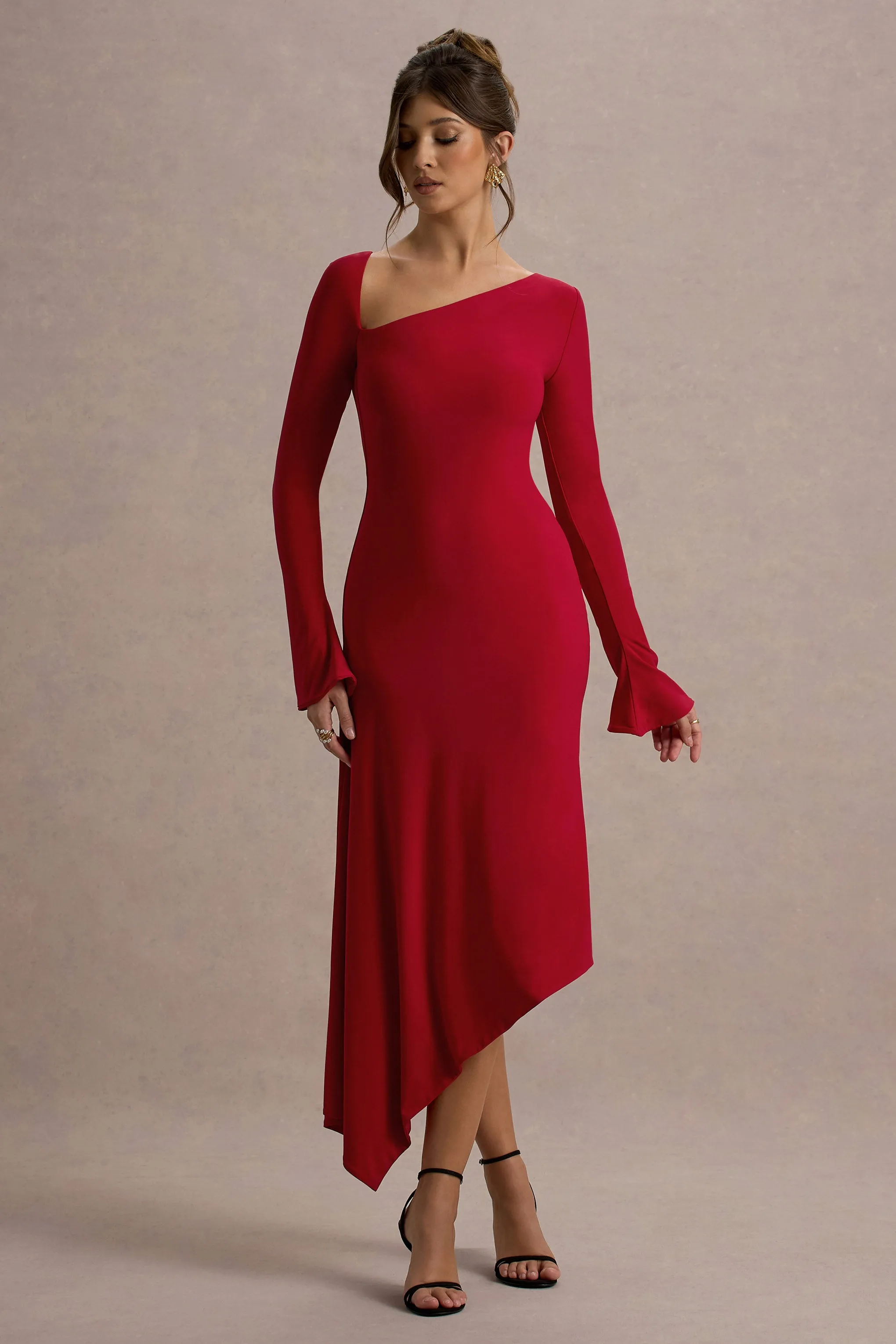 Serenita | Red Asymmetric Long-Sleeve Midi Dress sold by Club L London product image thumbnail 5