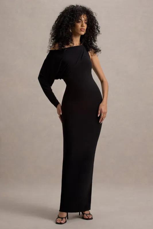 Floria | Black Draped One-Sleeve Maxi Dress sold by Club L London