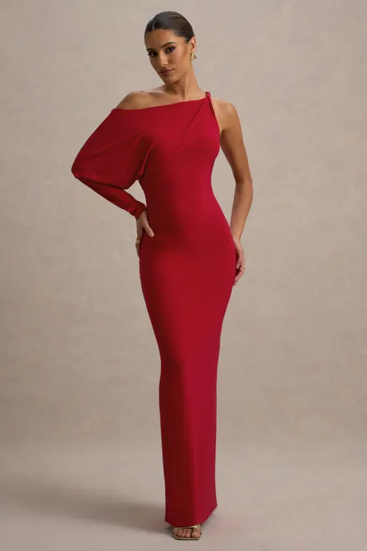 Floria | Red Draped One-Sleeve Maxi Dress sold by Club L London