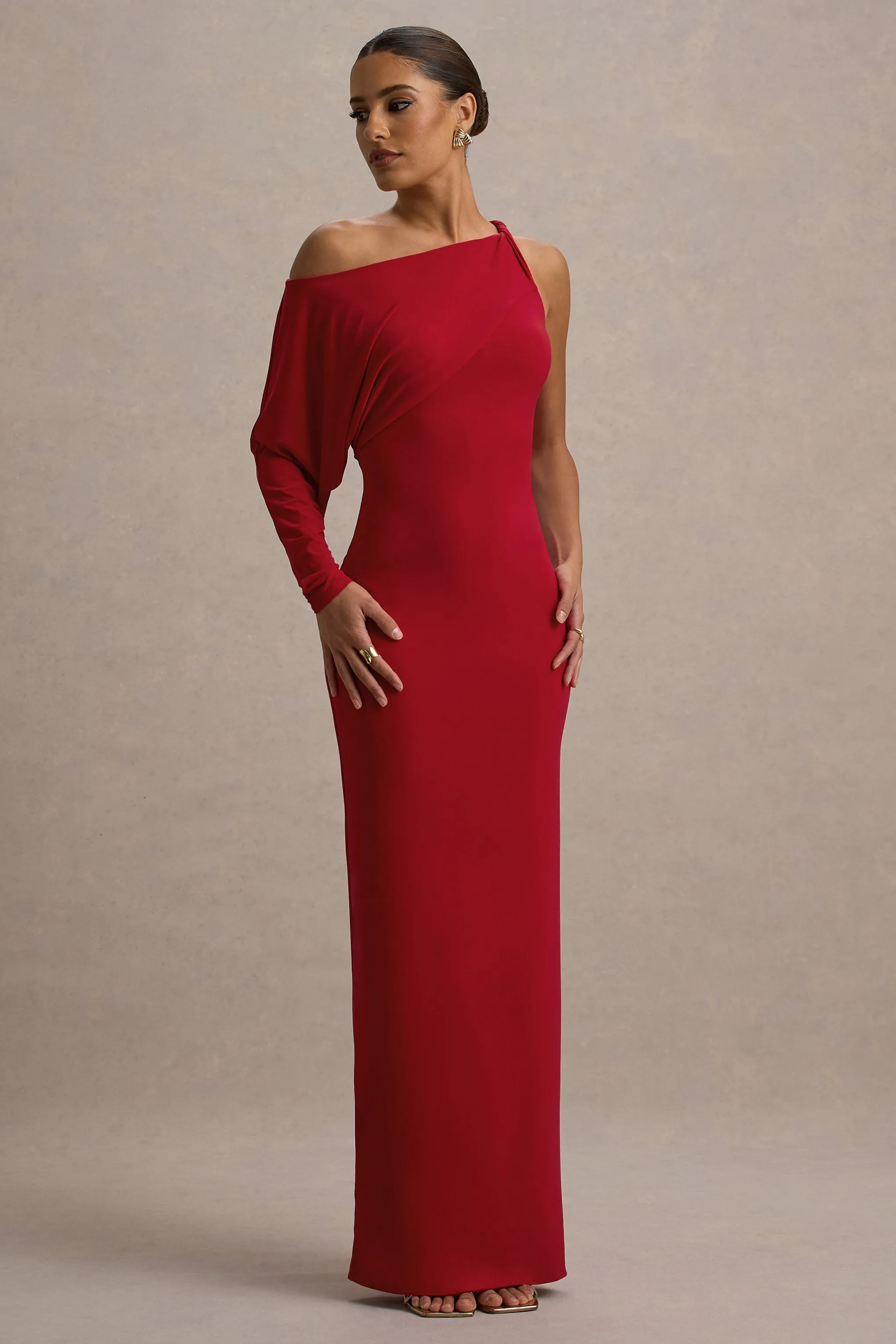 Floria | Red Draped One-Sleeve Maxi Dress sold by Club L London product image thumbnail 5
