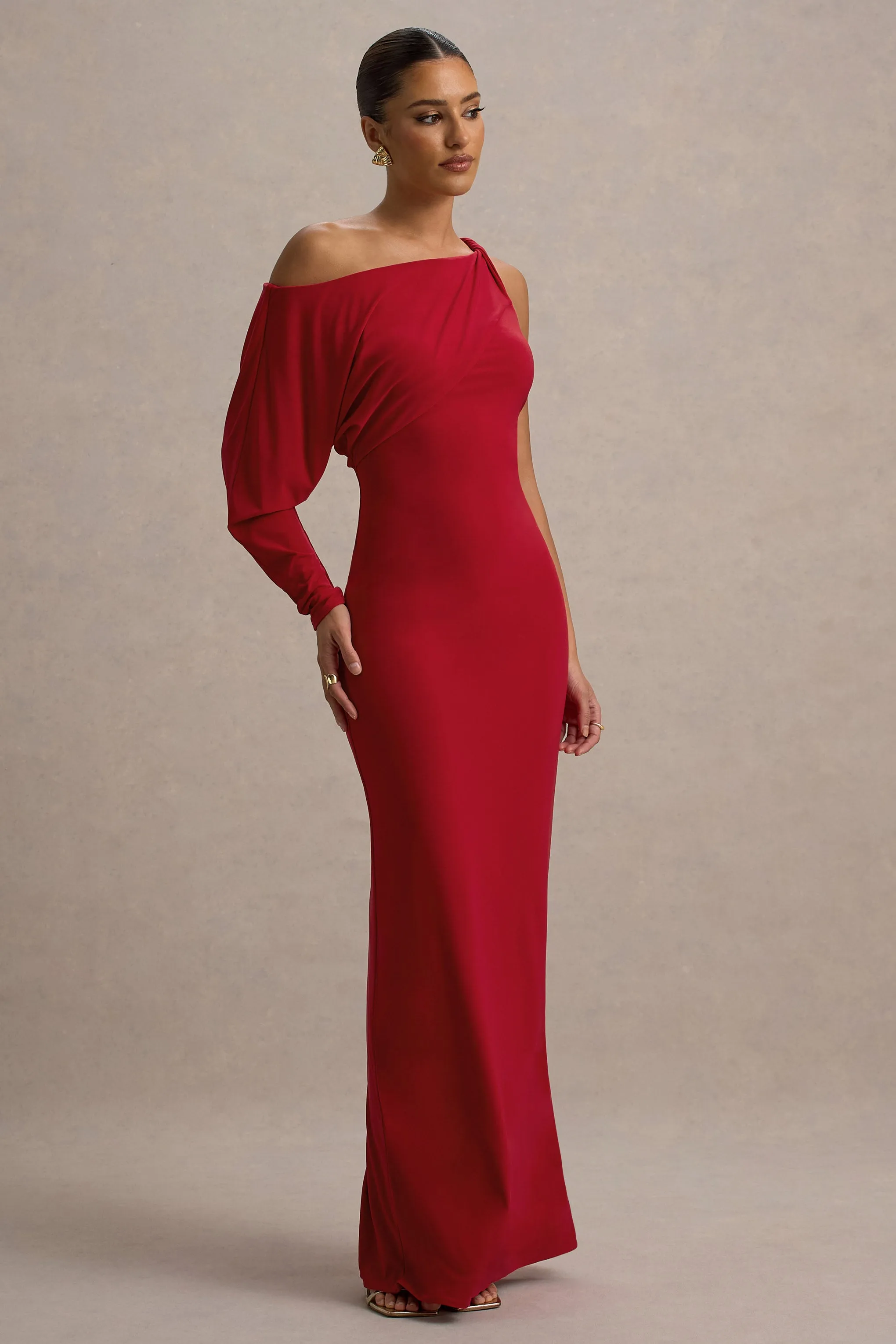 Floria | Red Draped One-Sleeve Maxi Dress sold by Club L London product image thumbnail 4