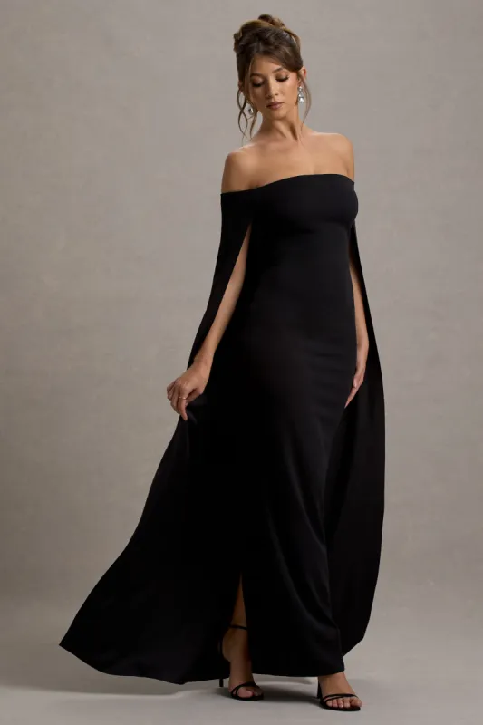 Genovia | Black Bardot Cape Maxi Dress sold by Club L London