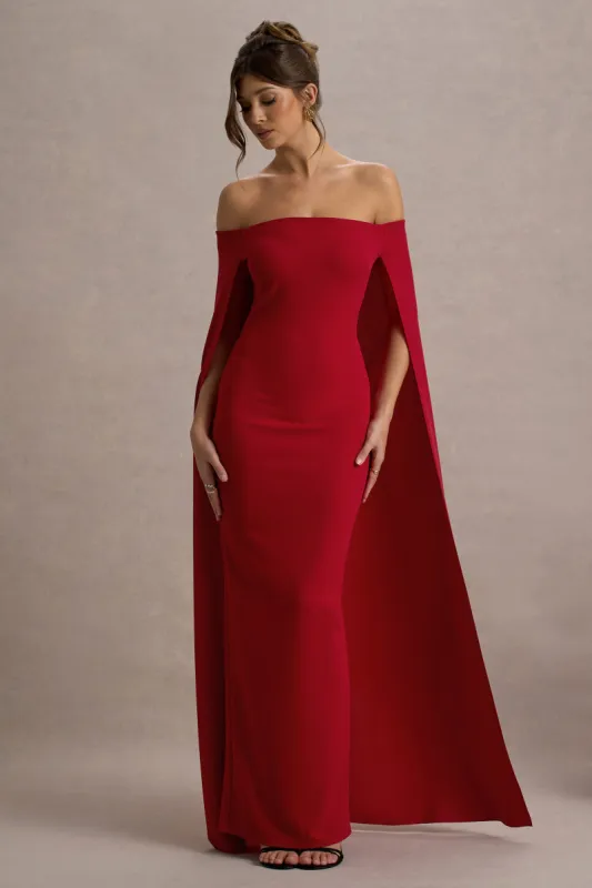 Genovia | Red Bardot Cape Maxi Dress sold by Club L London