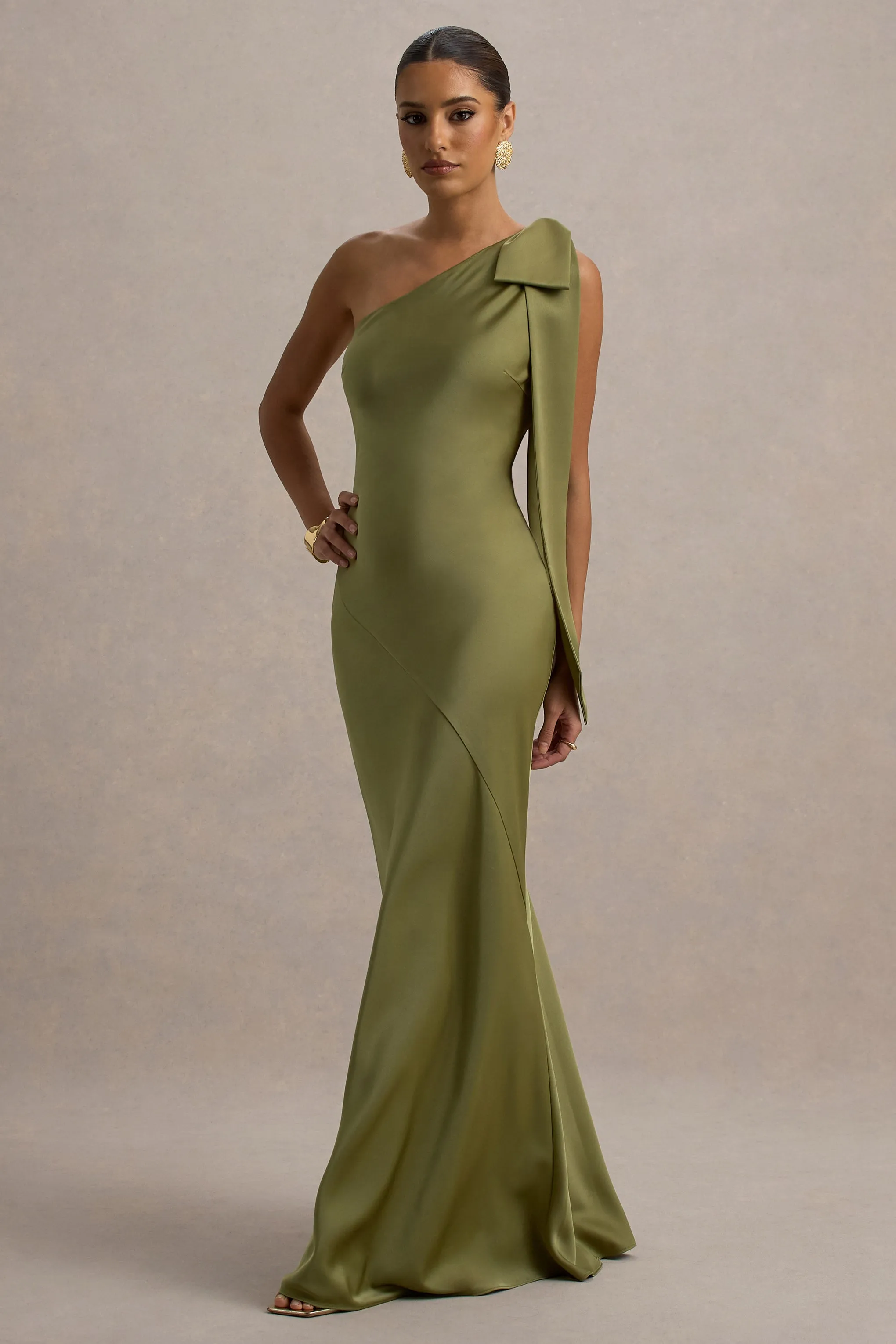 Here For Love | Khaki Satin Asymmetric Maxi Dress With Bow sold by Club L London product image thumbnail 4