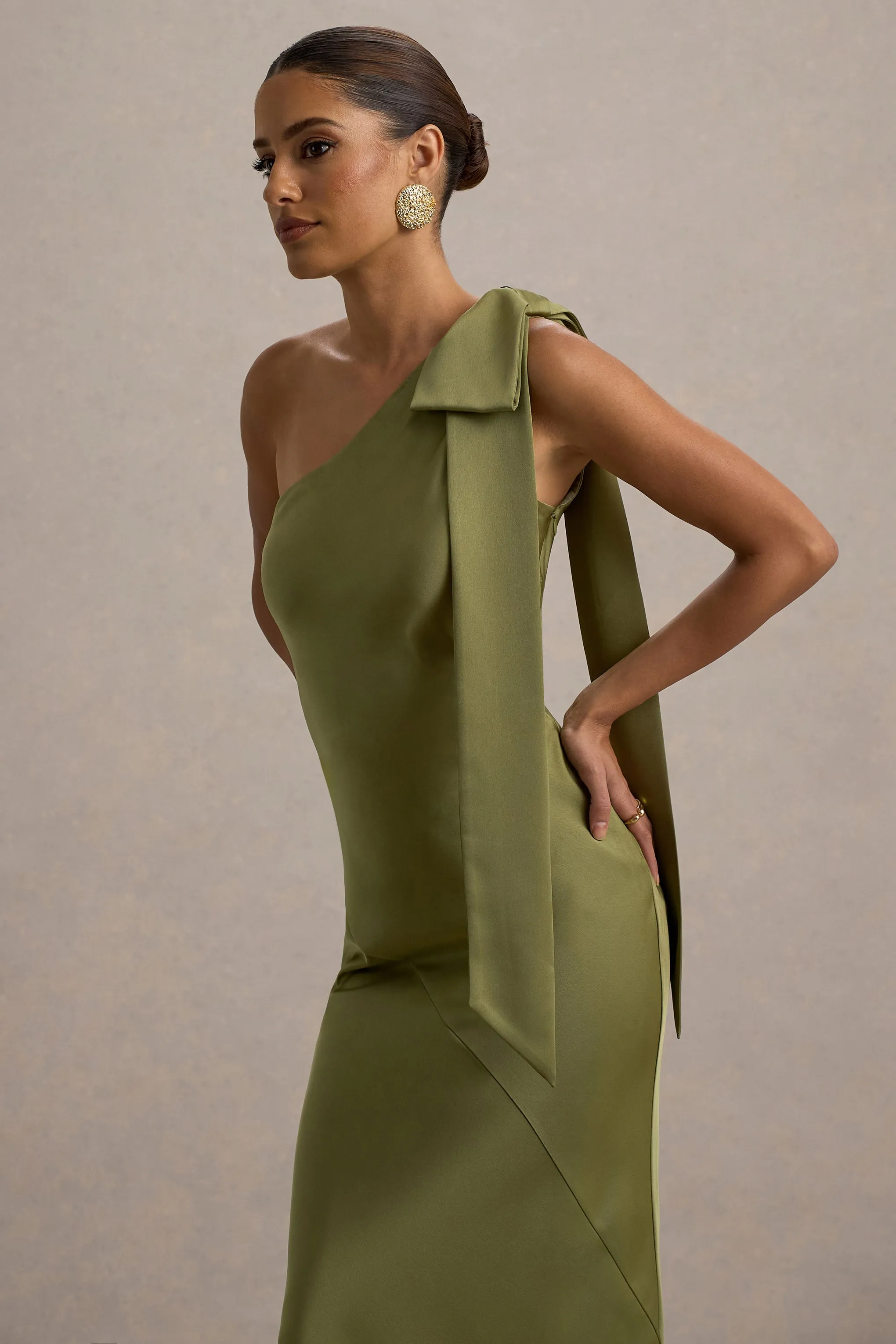 Here For Love | Khaki Satin Asymmetric Maxi Dress With Bow sold by Club L London product image thumbnail 2