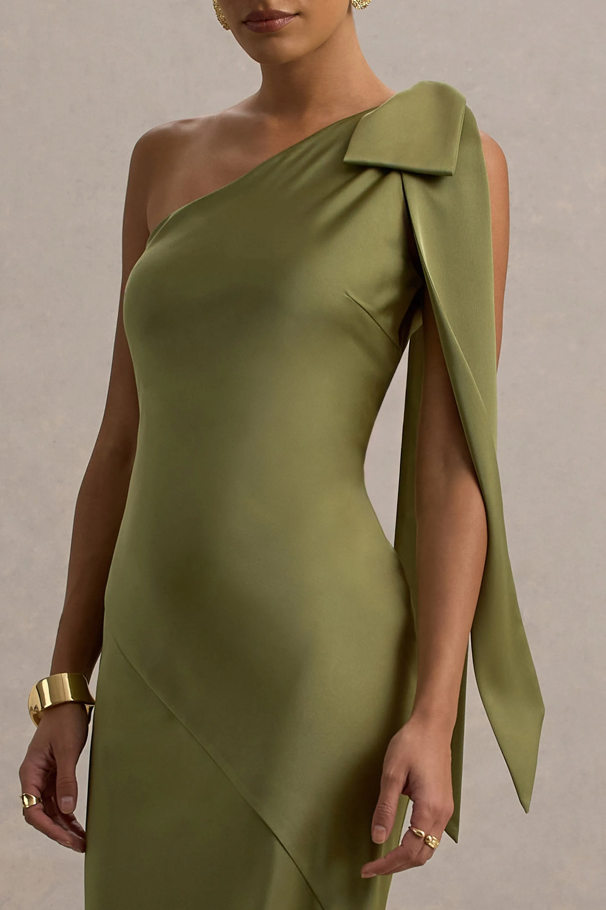 Here For Love | Khaki Satin Asymmetric Maxi Dress With Bow sold by Club L London product image thumbnail 5