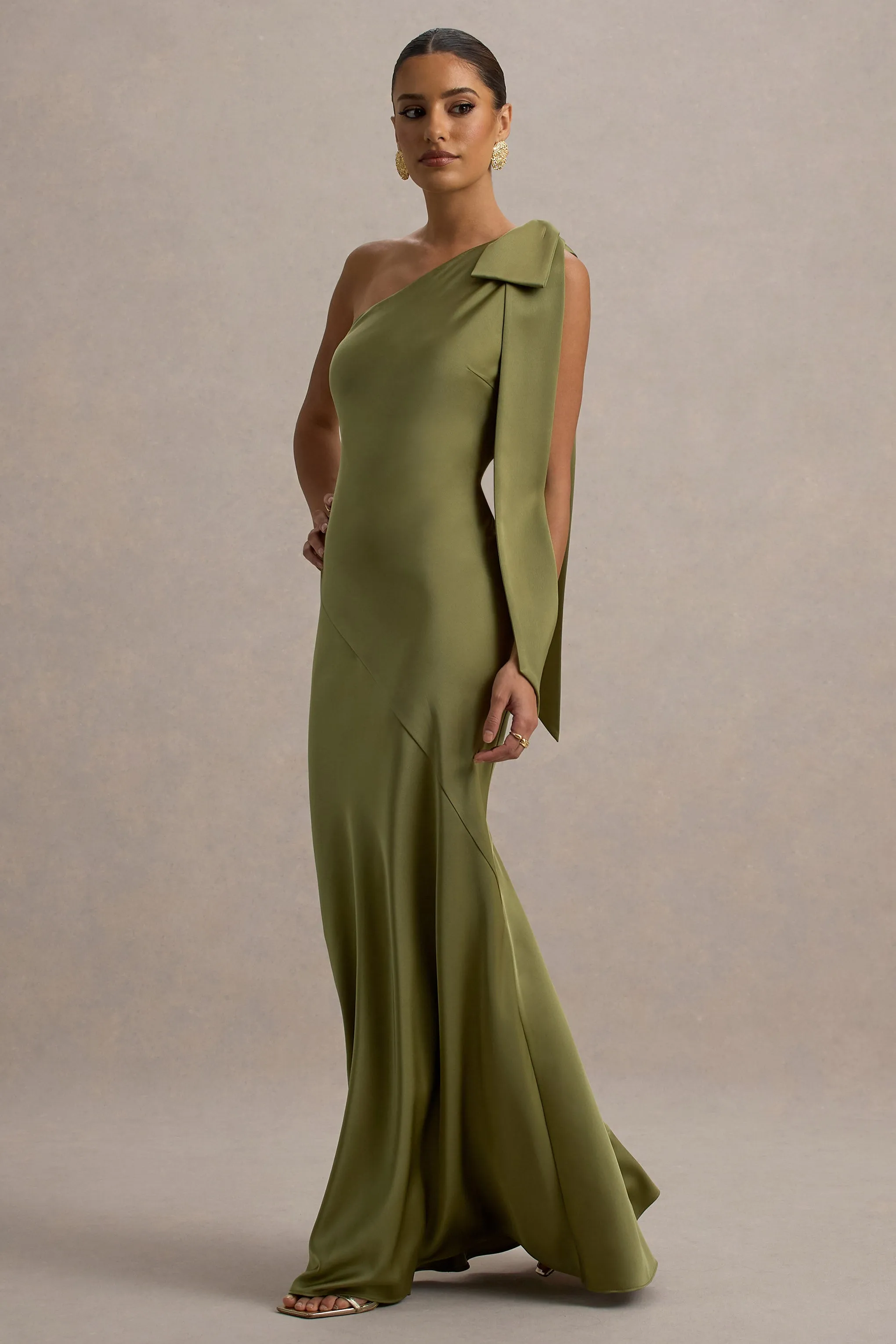 Here For Love | Khaki Satin Asymmetric Maxi Dress With Bow sold by Club L London product image thumbnail 3