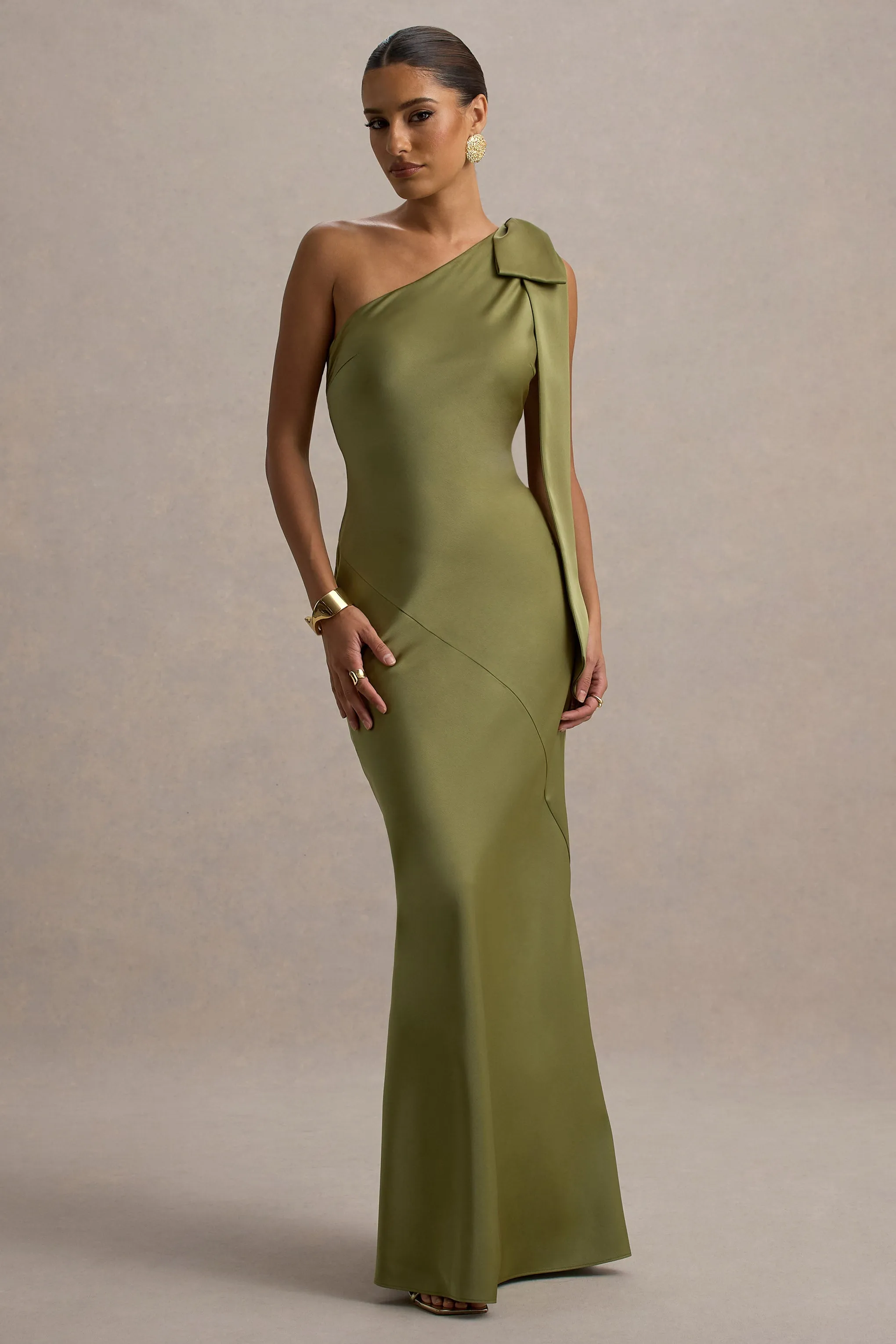 Here For Love | Khaki Satin Asymmetric Maxi Dress With Bow sold by Club L London