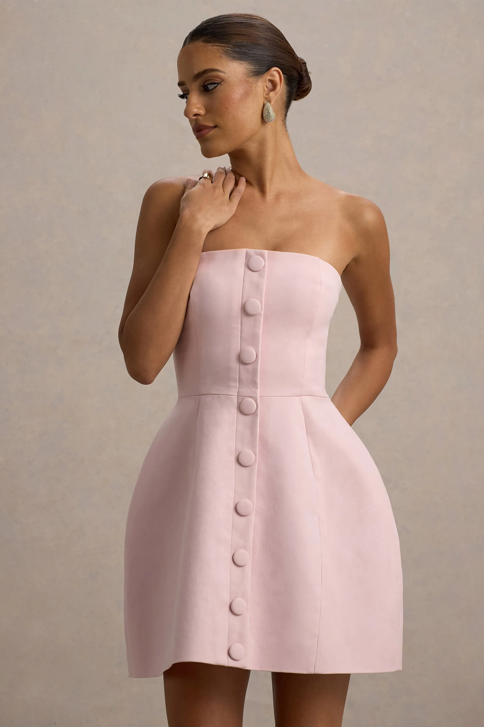 Anniston | Pink Bandeau Tailored Button Mini Dress sold by Club L London