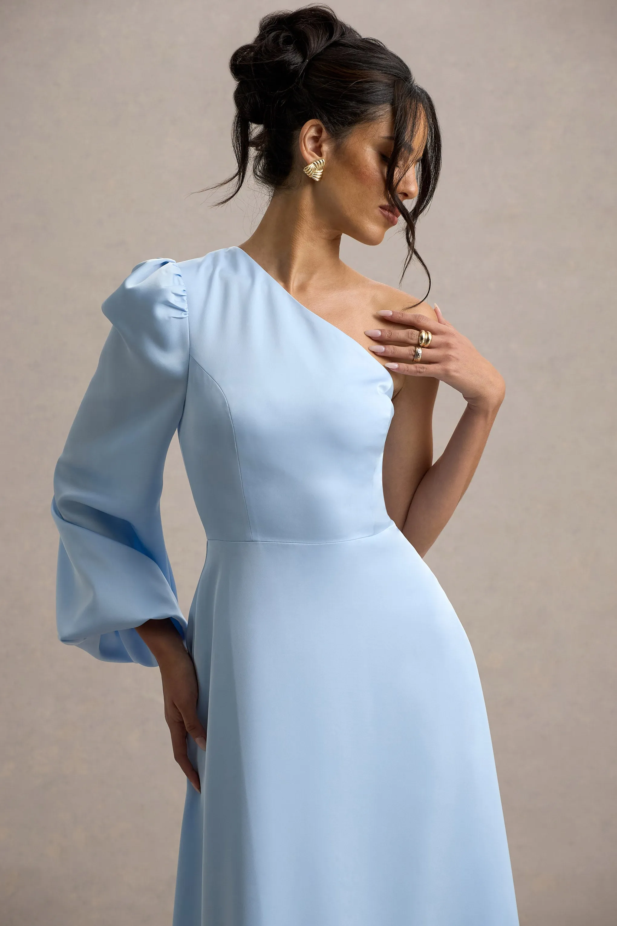 Haila | Powder Blue Satin One-Shoulder Maxi Dress sold by Club L London product image thumbnail 3