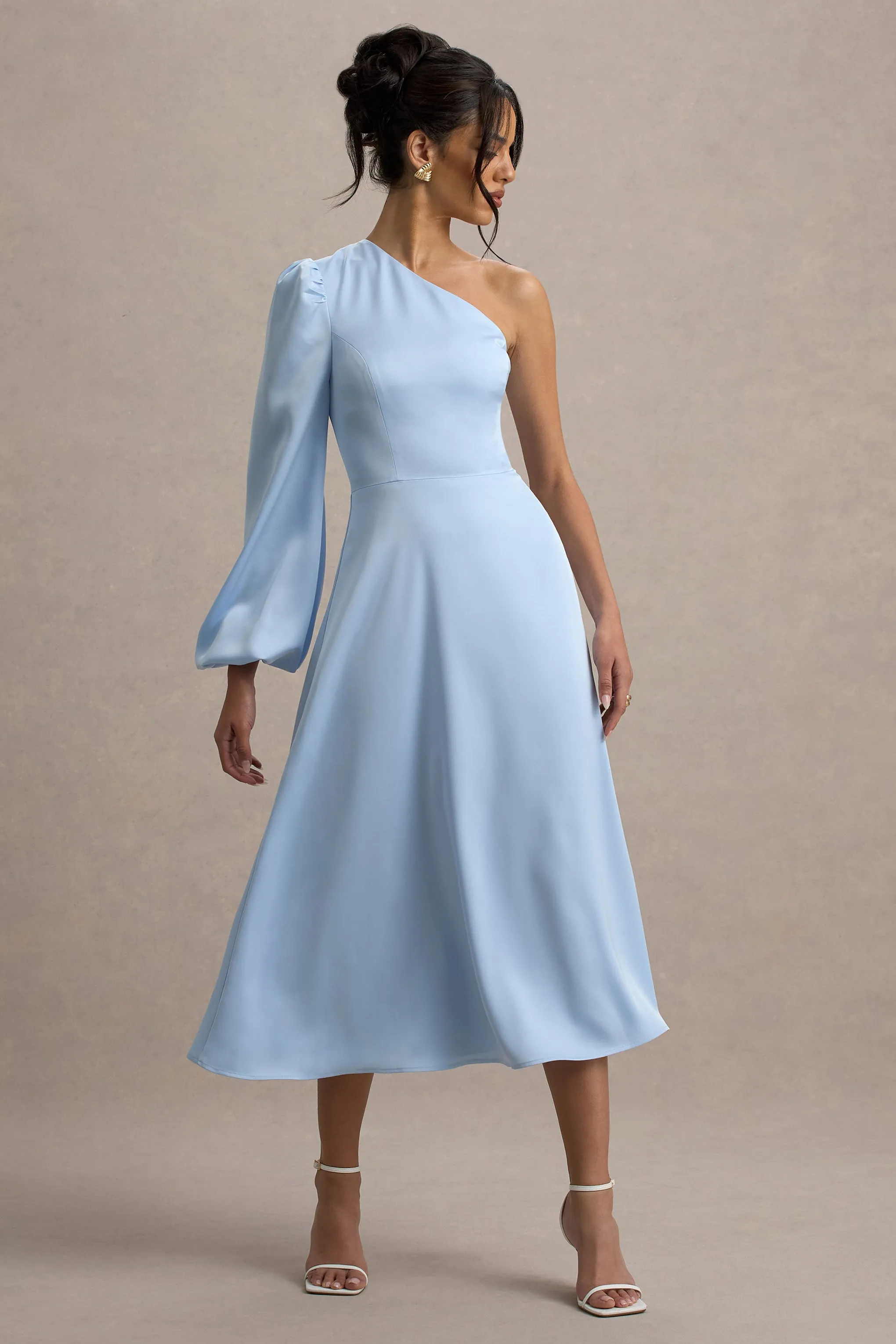 Haila | Powder Blue Satin One-Shoulder Maxi Dress sold by Club L London product image thumbnail 4