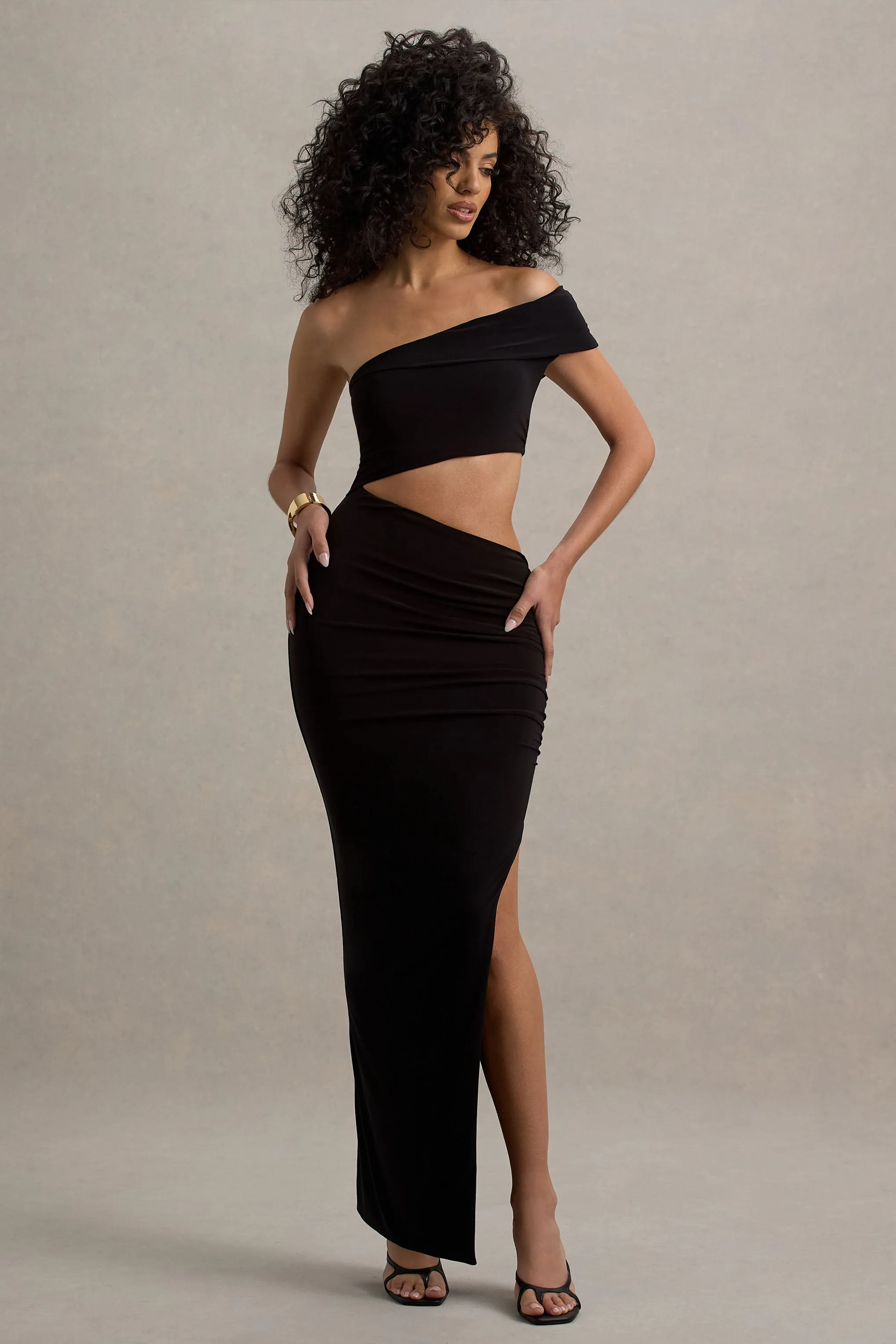 Milos | Black One-Shoulder Cut-Out Maxi Dress With Split sold by Club L London