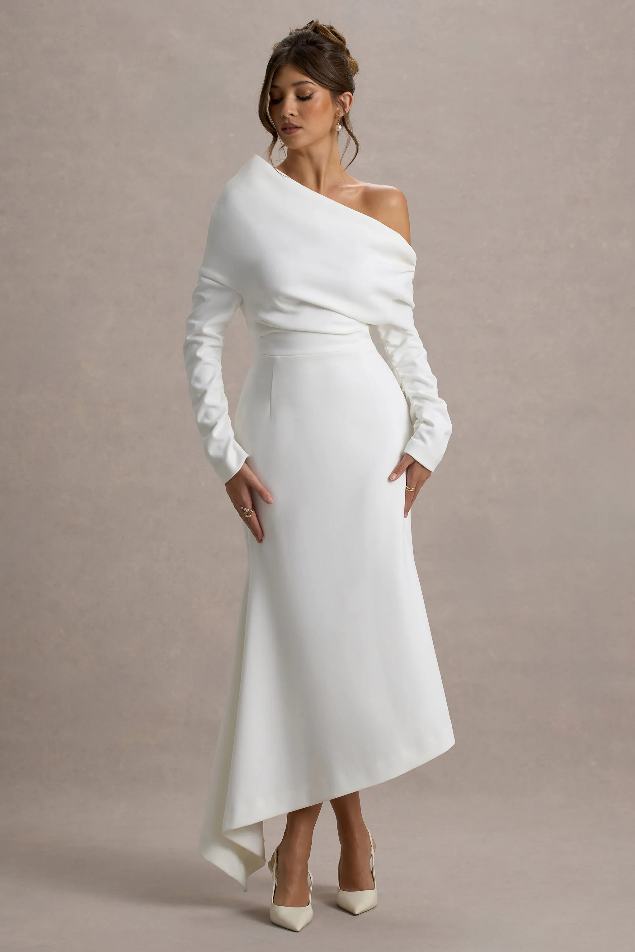 Lou | White One-Shoulder Asymmetric Maxi Dress sold by Club L London