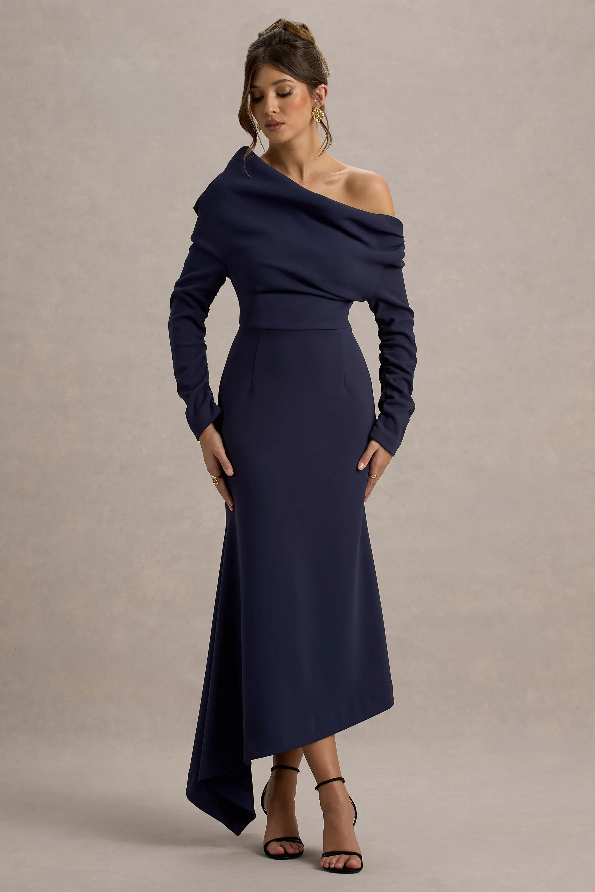 Lou | Navy One-Shoulder Asymmetric Maxi Dress sold by Club L London