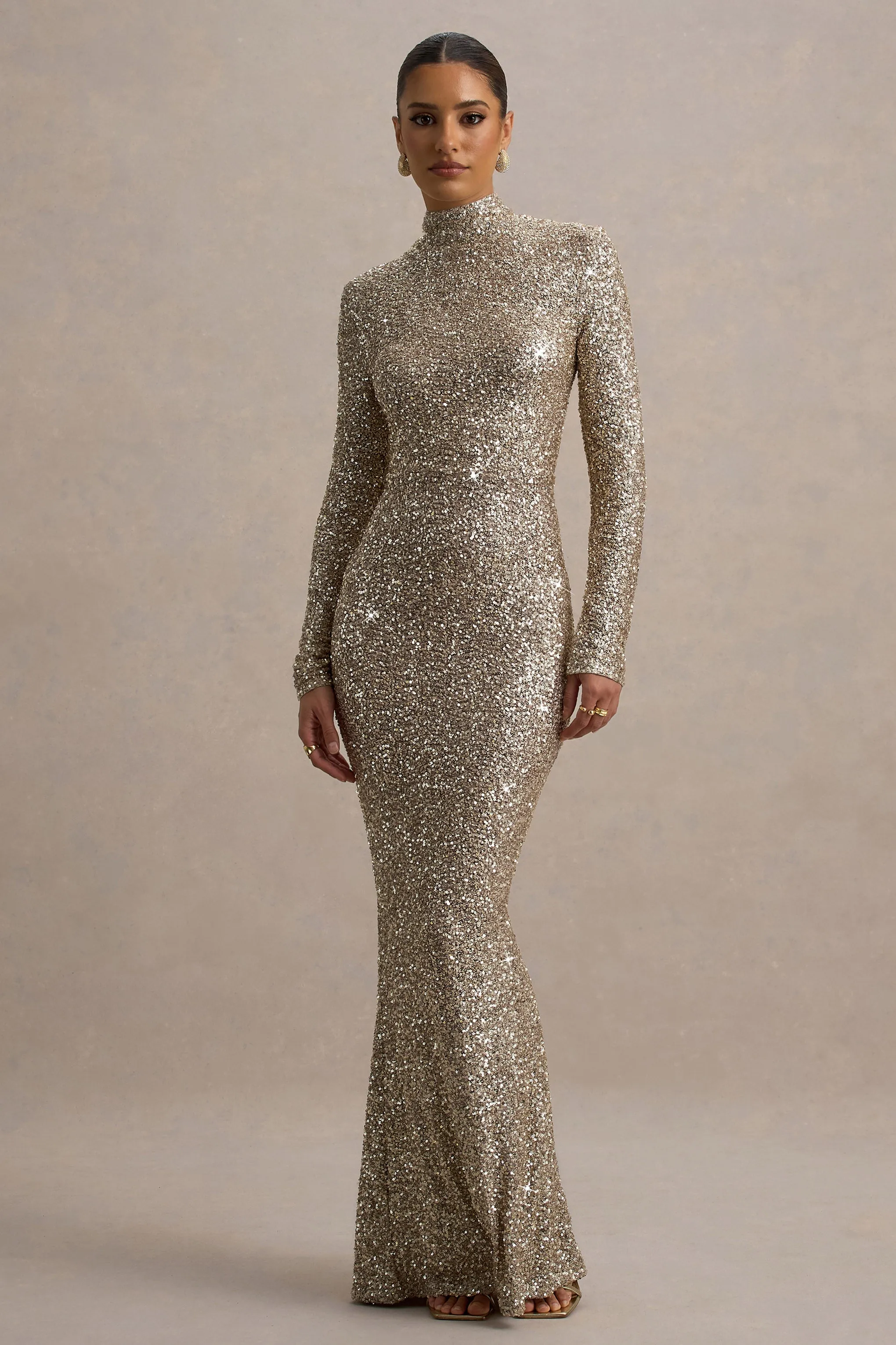 Galaxy | Champagne Sequin Turtle-Neck Long-Sleeve Maxi Dress sold by Club L London product image thumbnail 5