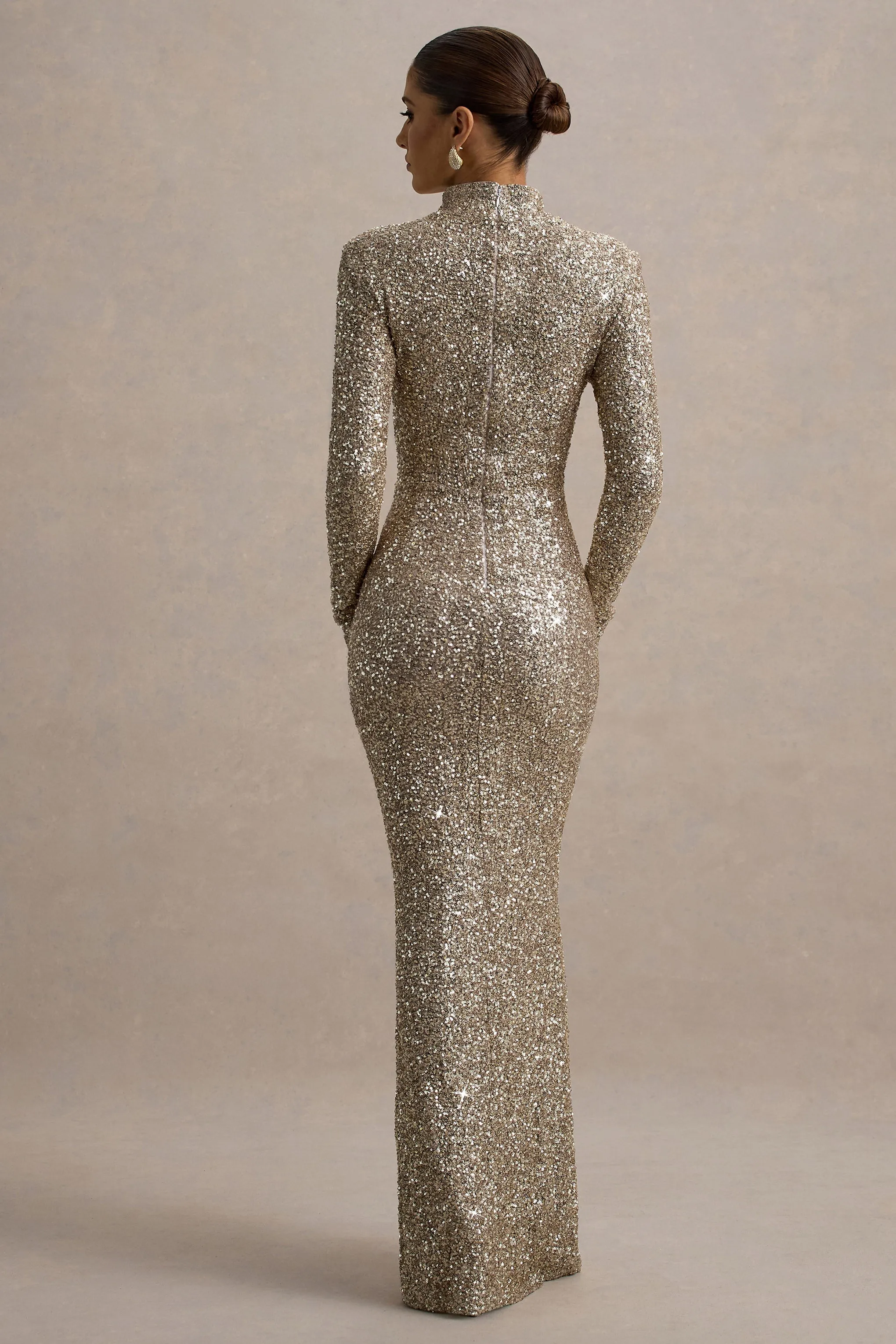 Galaxy | Champagne Sequin Turtle-Neck Long-Sleeve Maxi Dress sold by Club L London product image thumbnail 2
