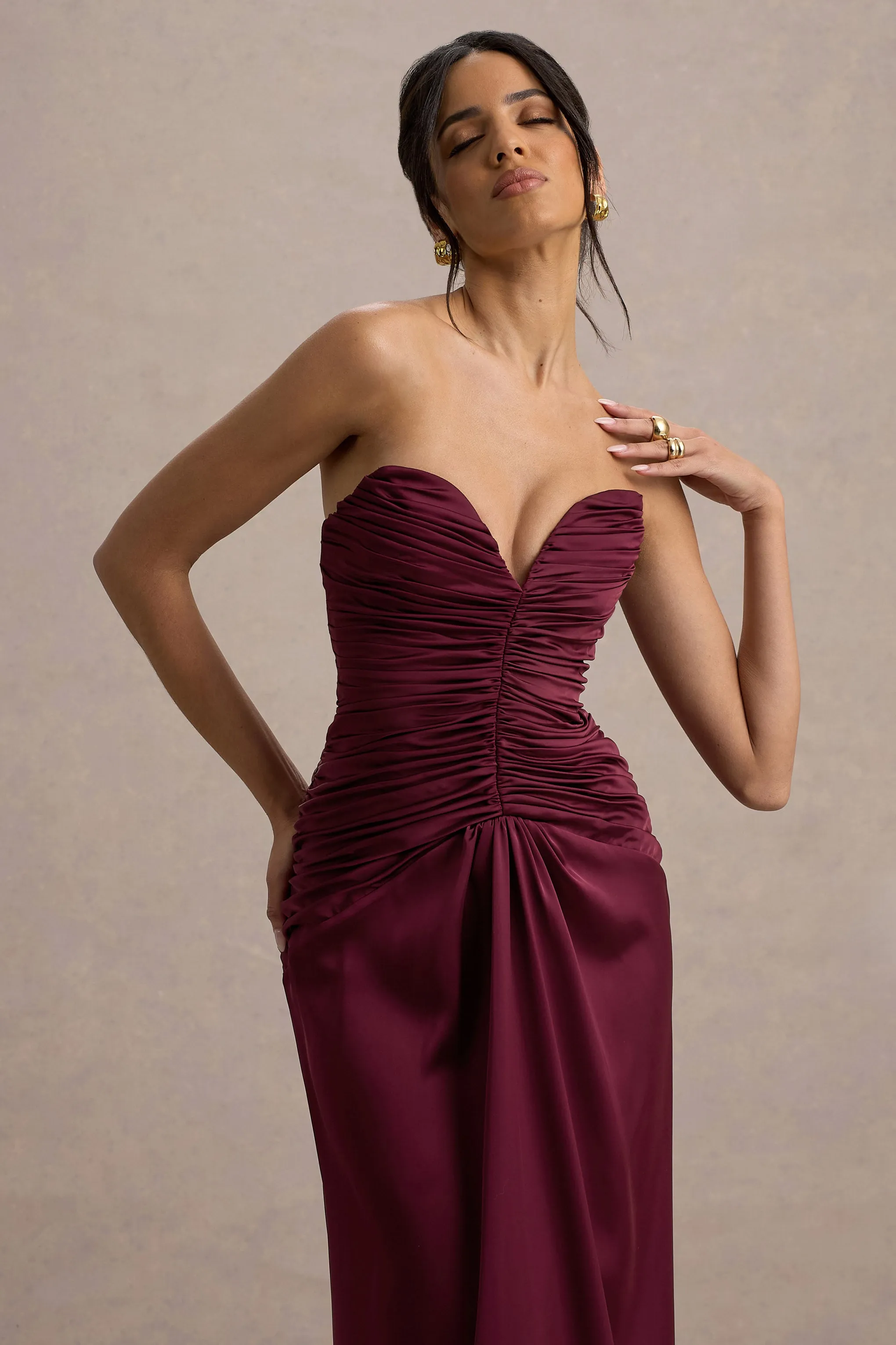 Desirie | Plum Satin Sweetheart Gathered Maxi Dress sold by Club L London product image thumbnail 3