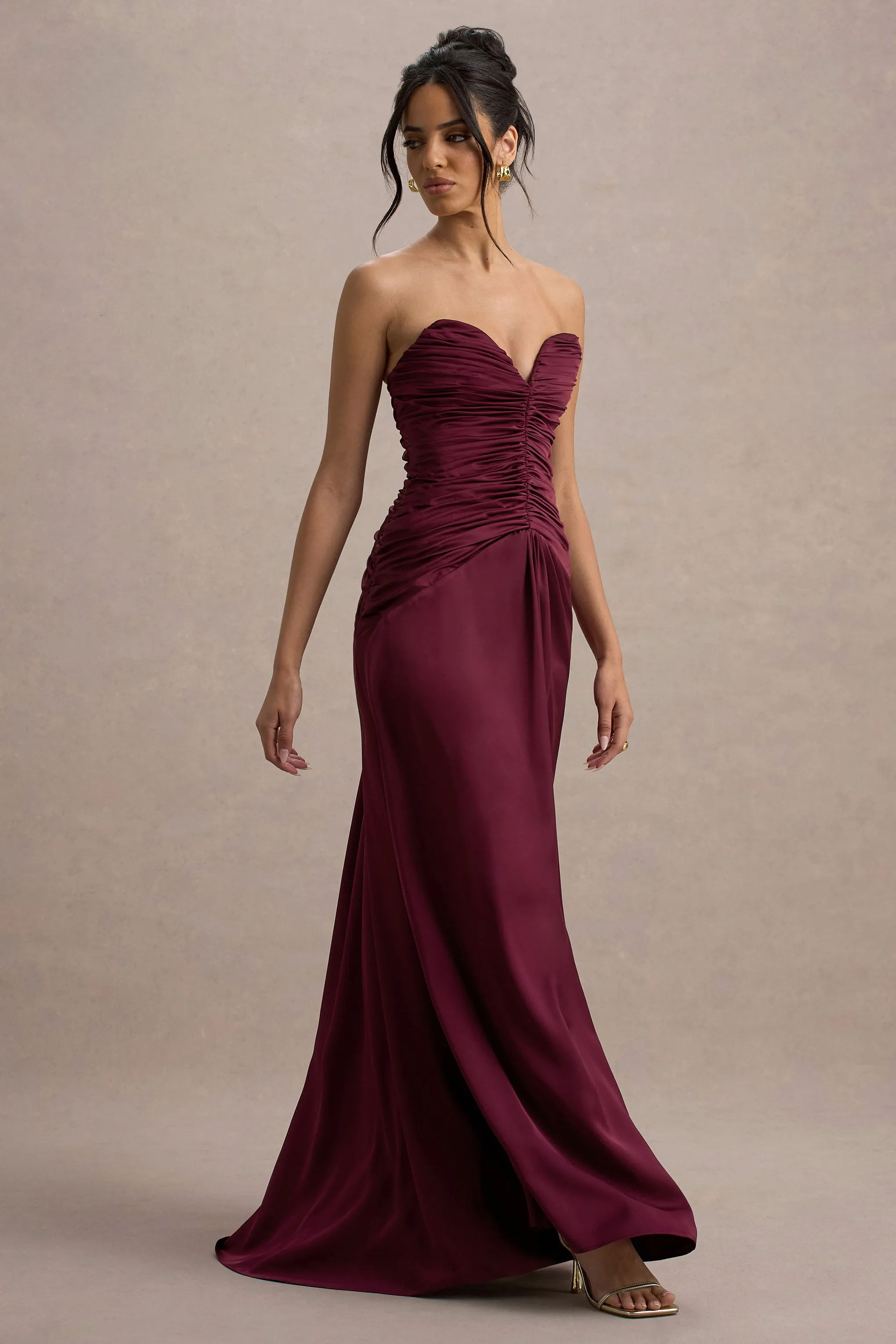 Desirie | Plum Satin Sweetheart Gathered Maxi Dress sold by Club L London