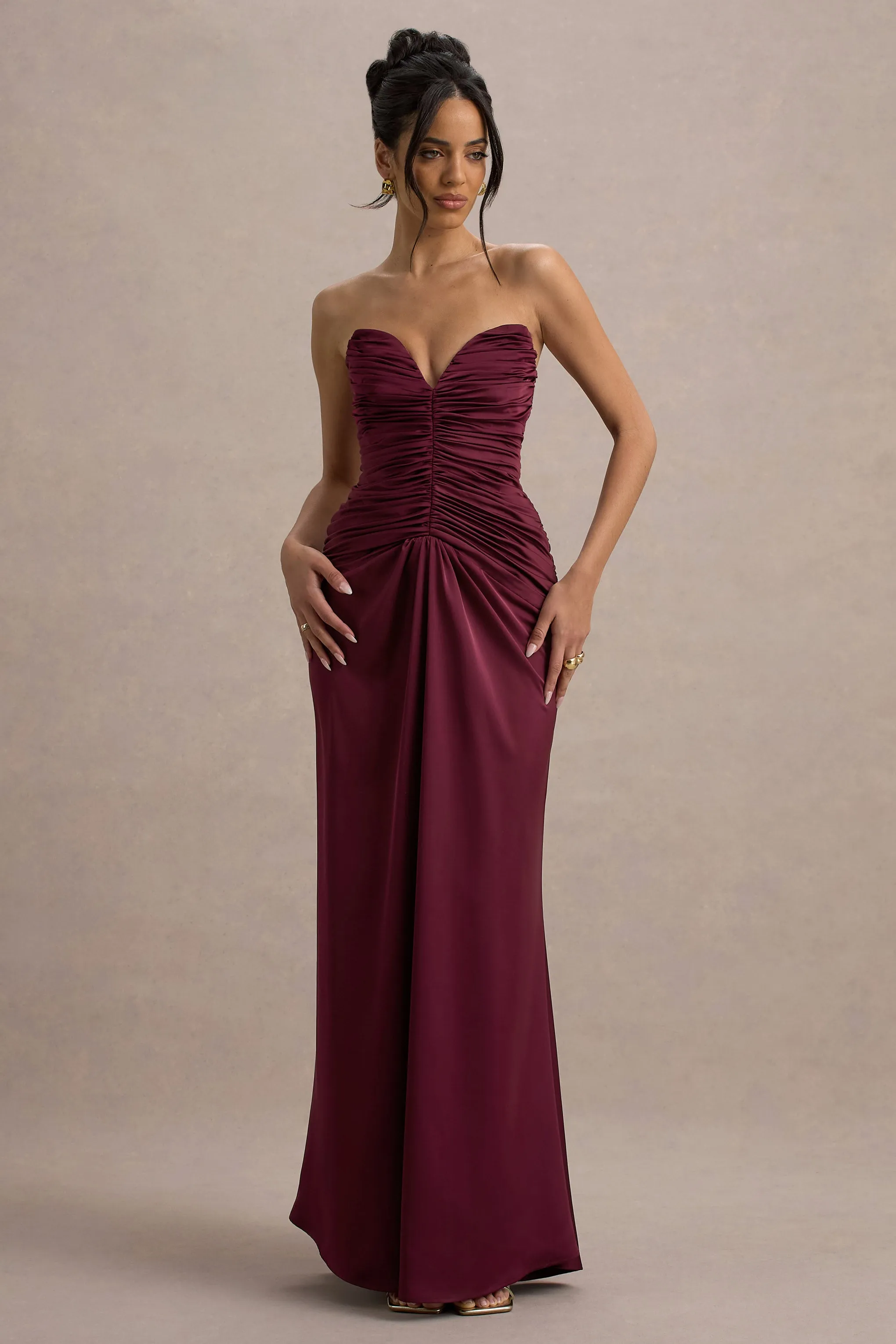 Desirie | Plum Satin Sweetheart Gathered Maxi Dress sold by Club L London product image thumbnail 4