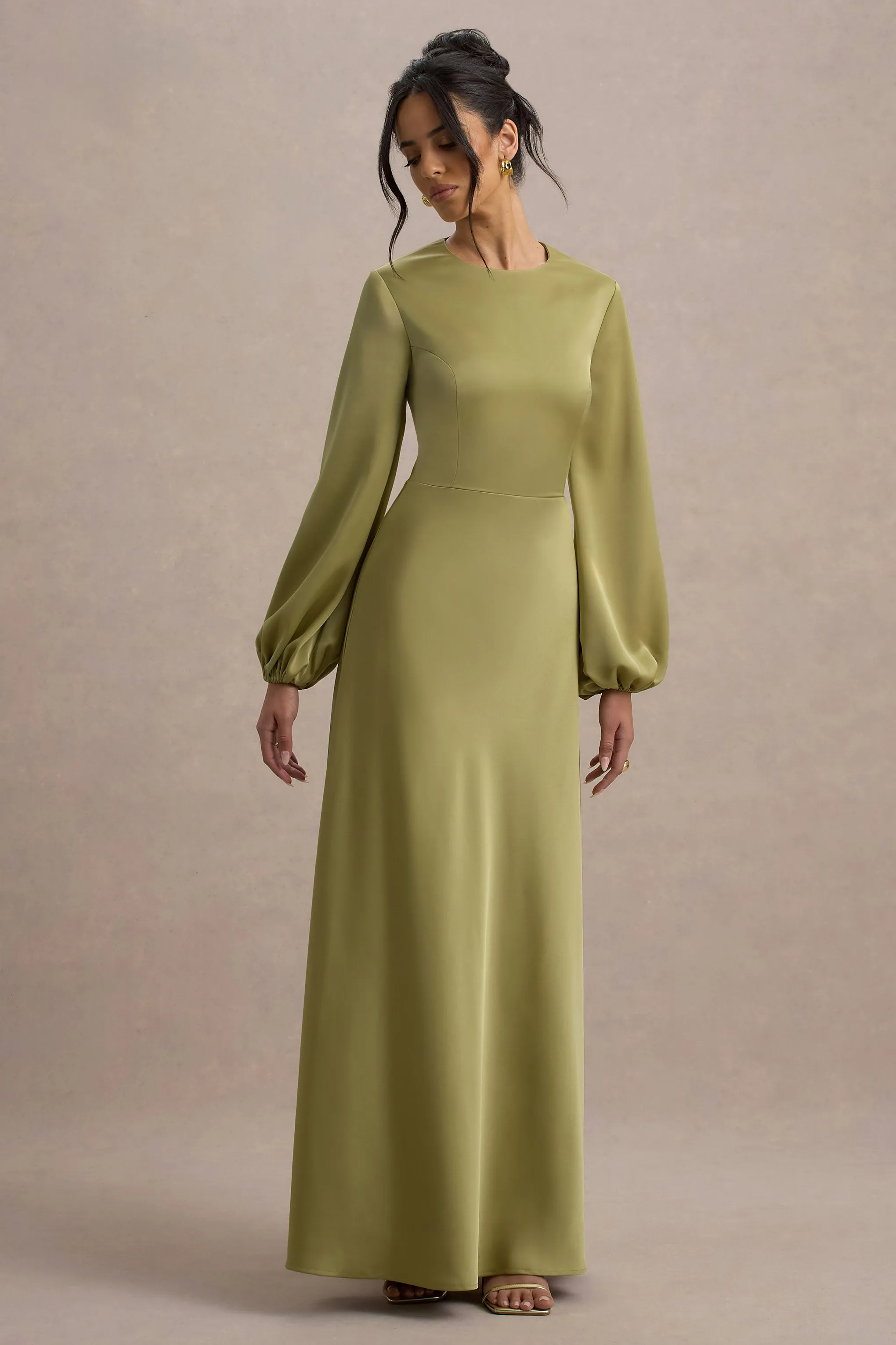 Crawley | Light Green Satin Puff-Sleeve Maxi Dress sold by Club L London product image thumbnail 4