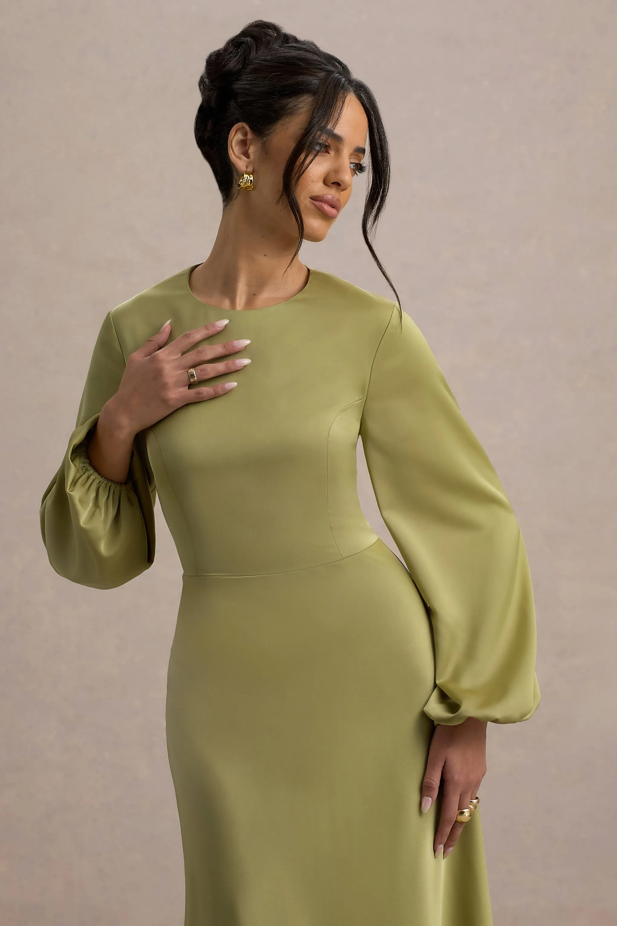 Crawley | Light Green Satin Puff-Sleeve Maxi Dress sold by Club L London product image thumbnail 3