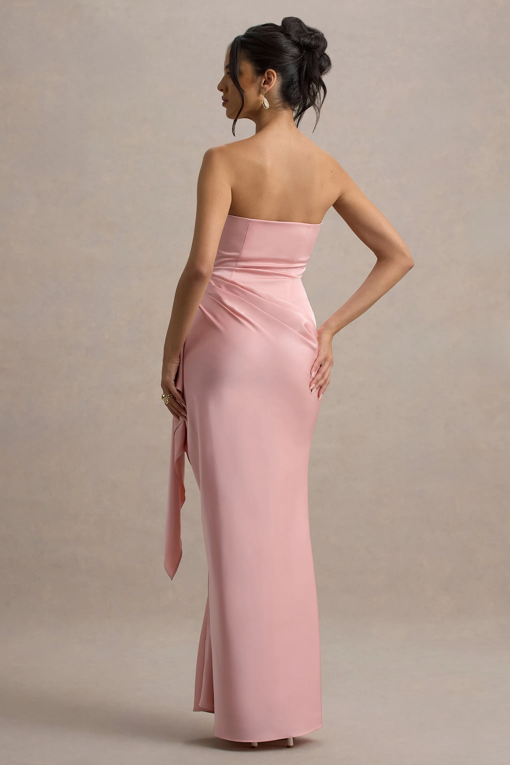 Loz | Light Pink Satin Bandeau Draped Maxi Dress sold by Club L London product image thumbnail 2