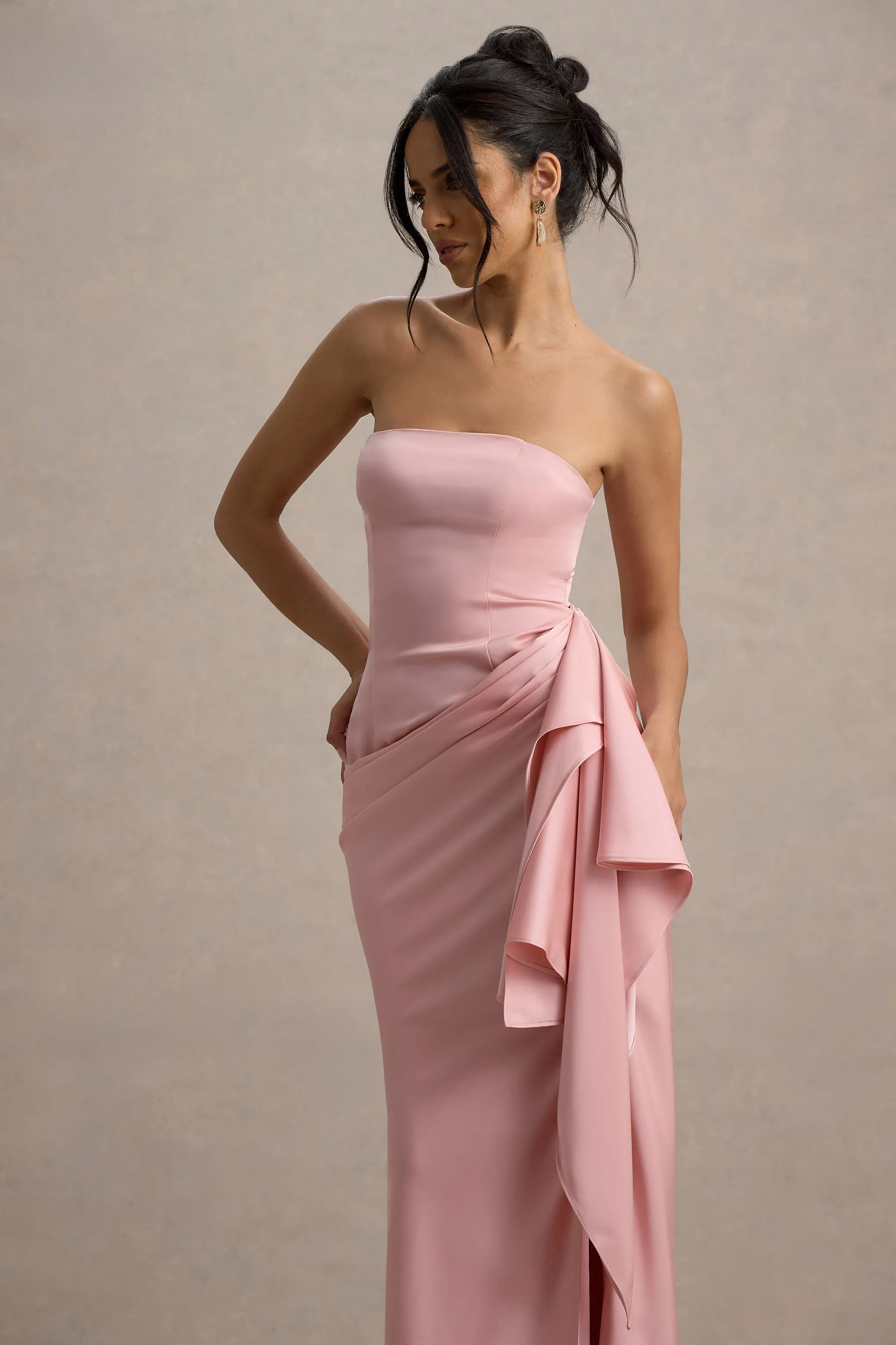 Loz | Light Pink Satin Bandeau Draped Maxi Dress sold by Club L London product image thumbnail 3